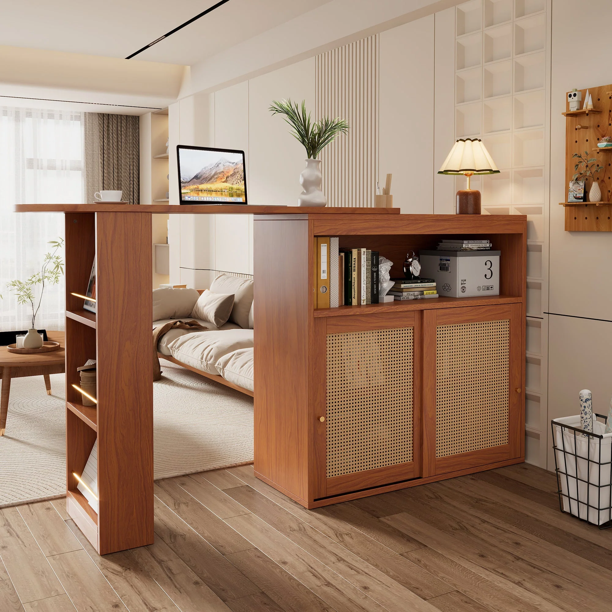 Extendable Bar Table, Adjustable Shelves Rattan Weave - Image 4