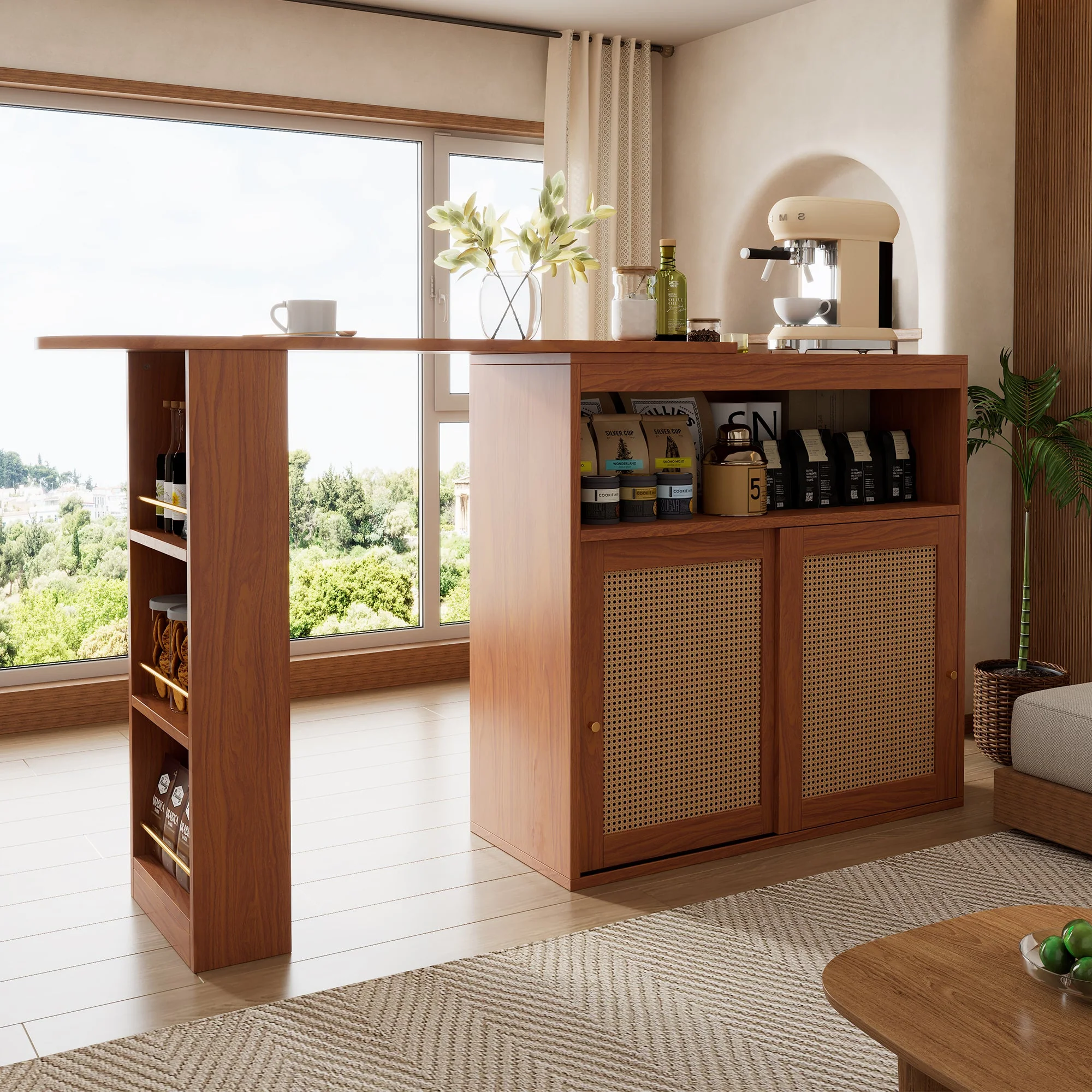 Extendable Bar Table, Adjustable Shelves Rattan Weave - Image 5