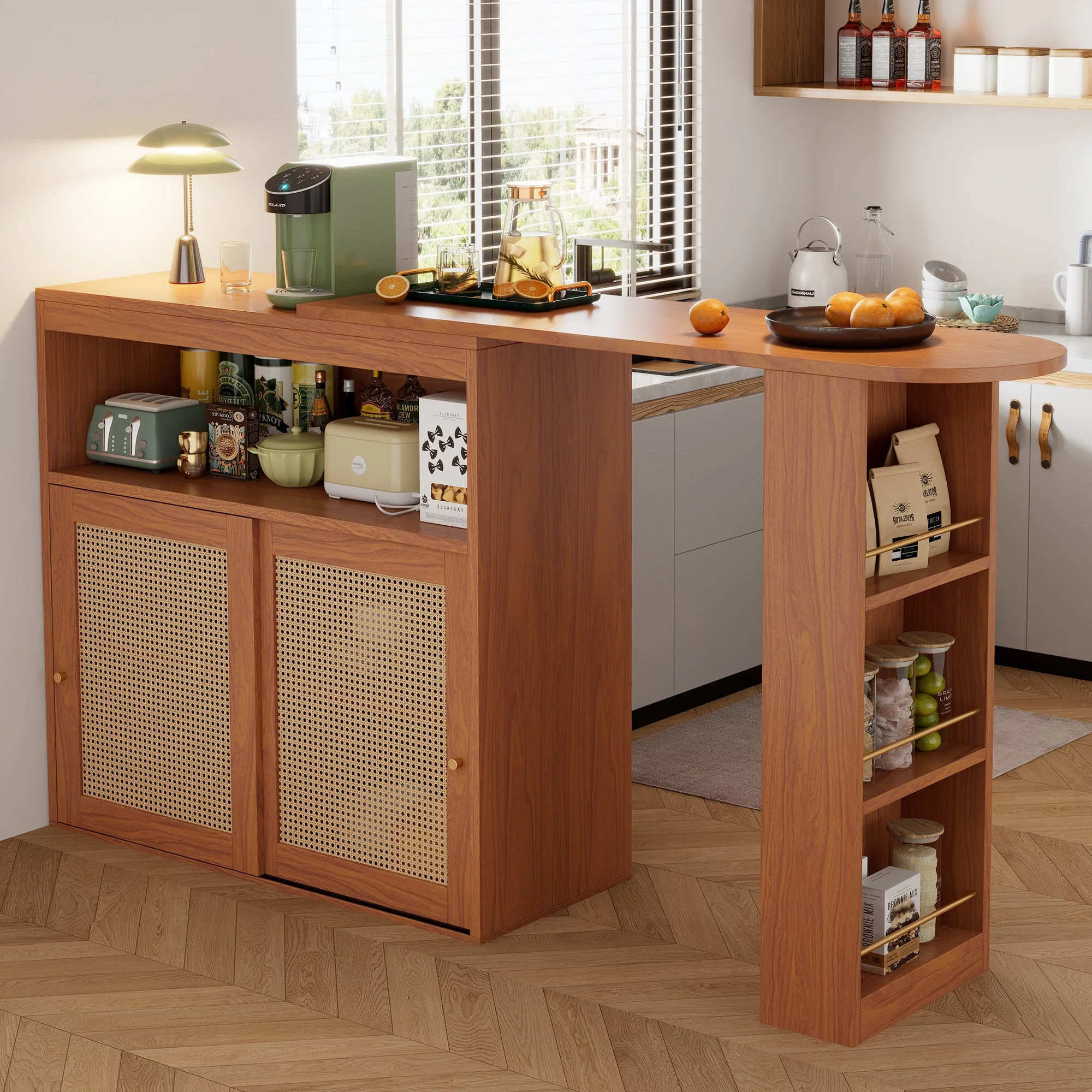 Extendable Bar Table, Adjustable Shelves Rattan Weave - Image 6