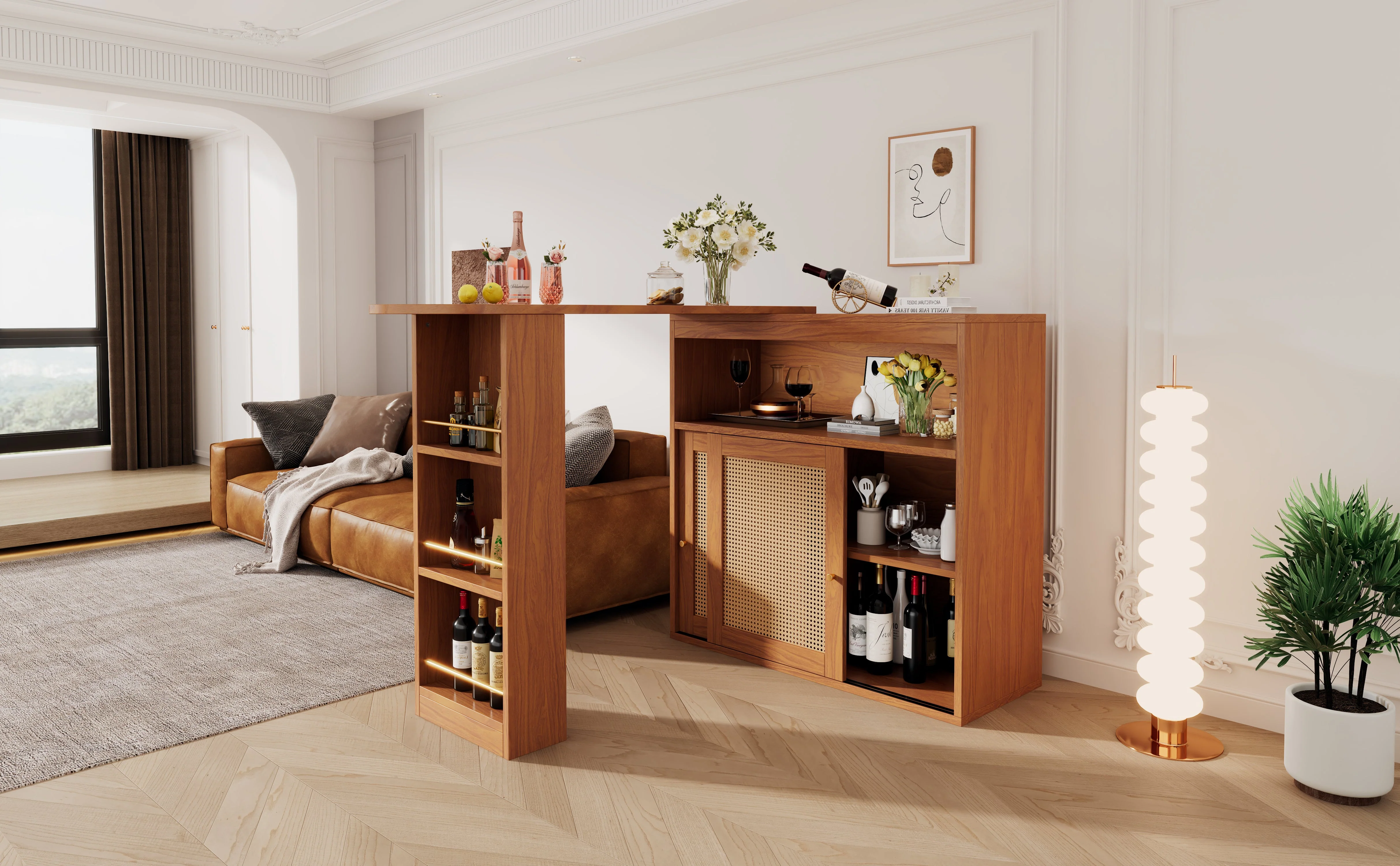 Extendable Bar Table, Adjustable Shelves Rattan Weave - Image 7