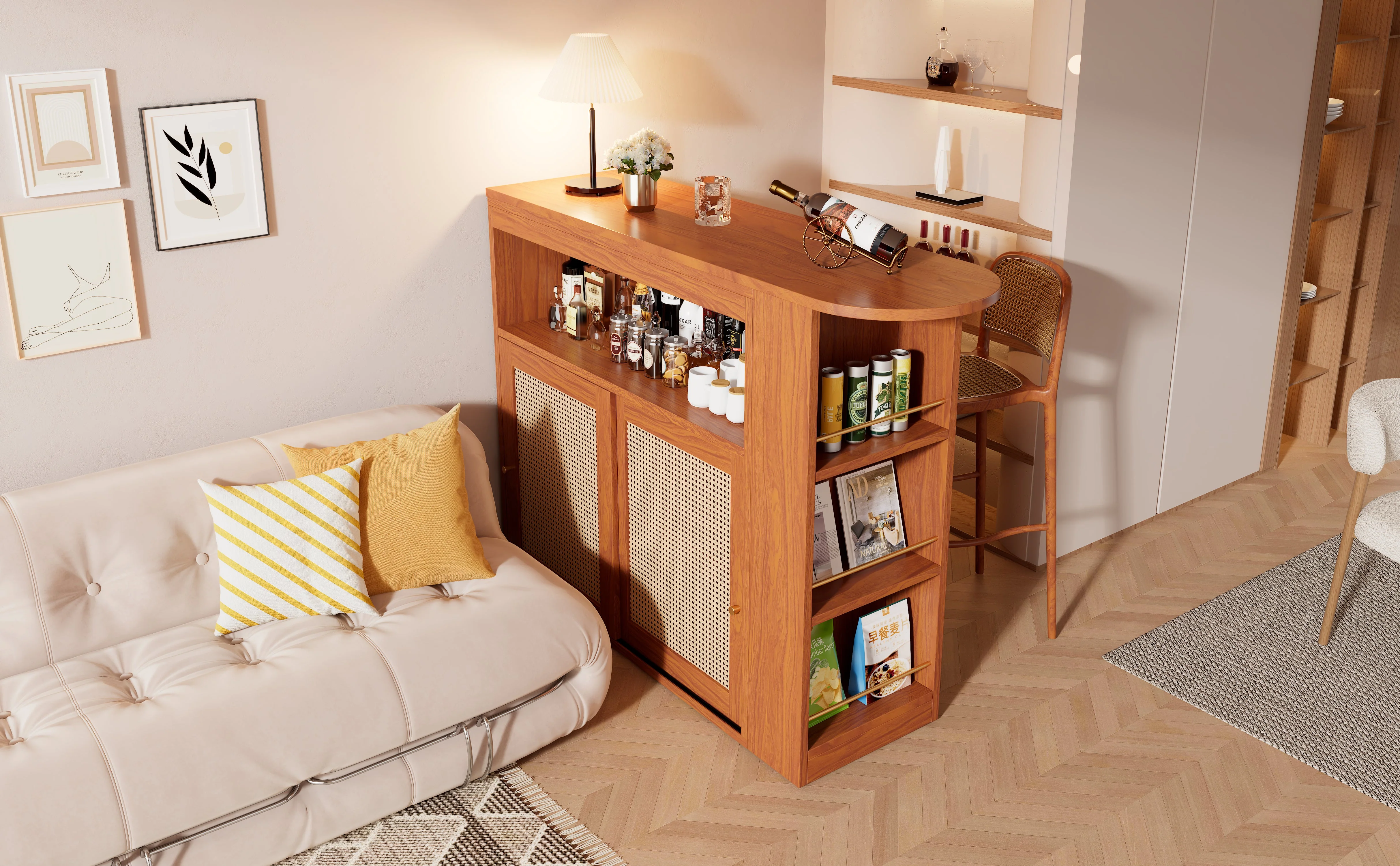 Extendable Bar Table, Adjustable Shelves Rattan Weave - Image 8