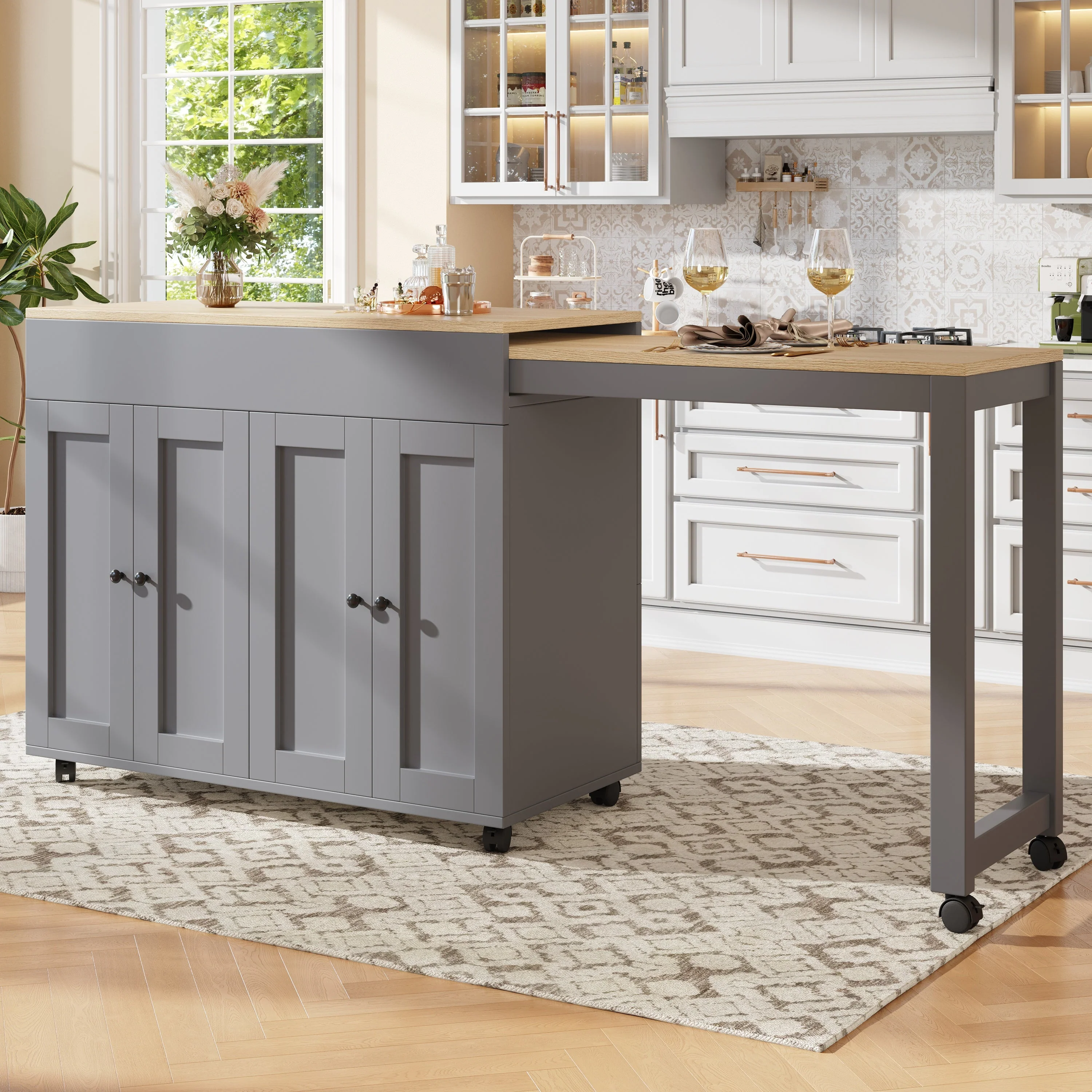 Extendable Bar Table Dining/Bistro with Storage and Shelves Grey