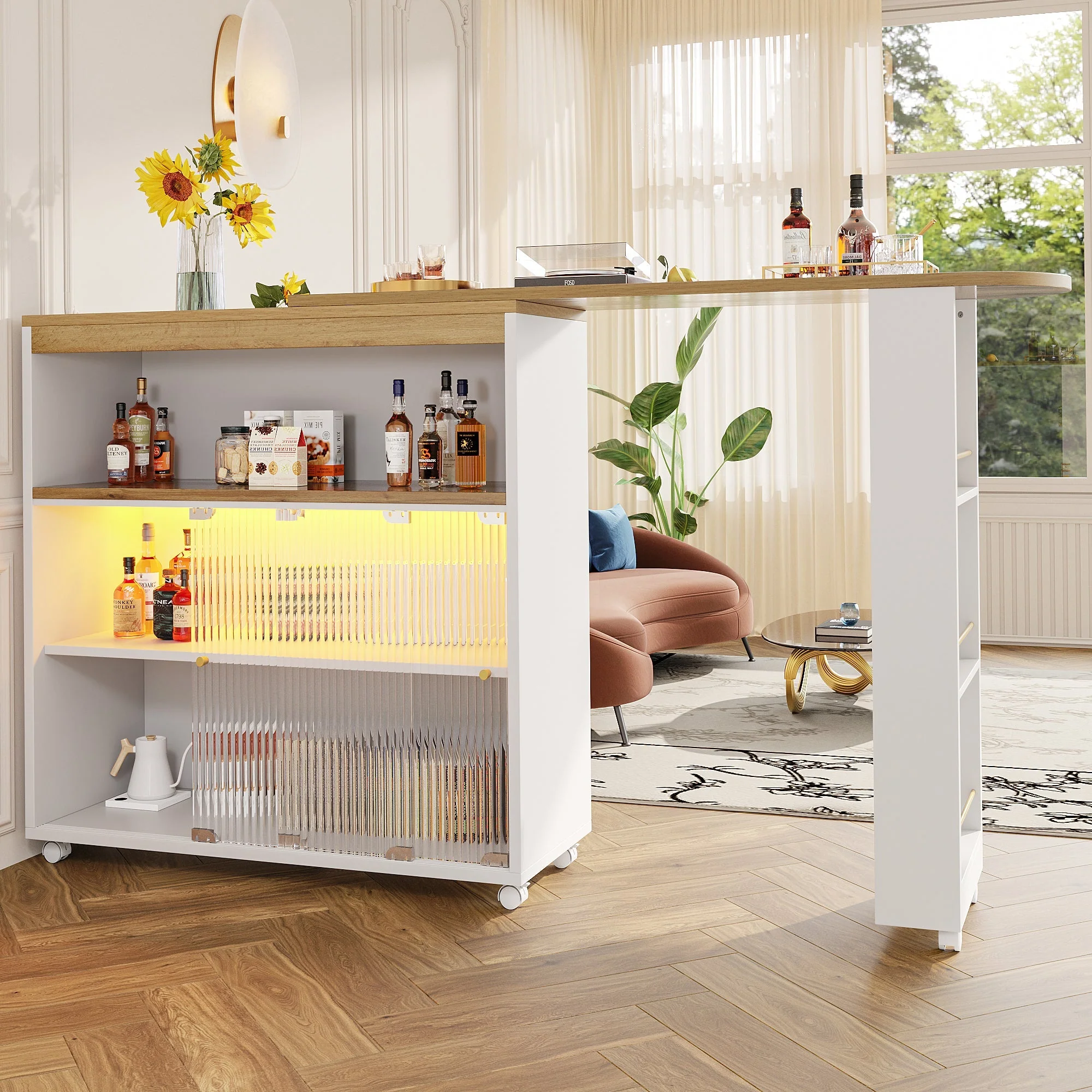 Extendable Bar Table, Movable Telescopic with LED, White - Image 4