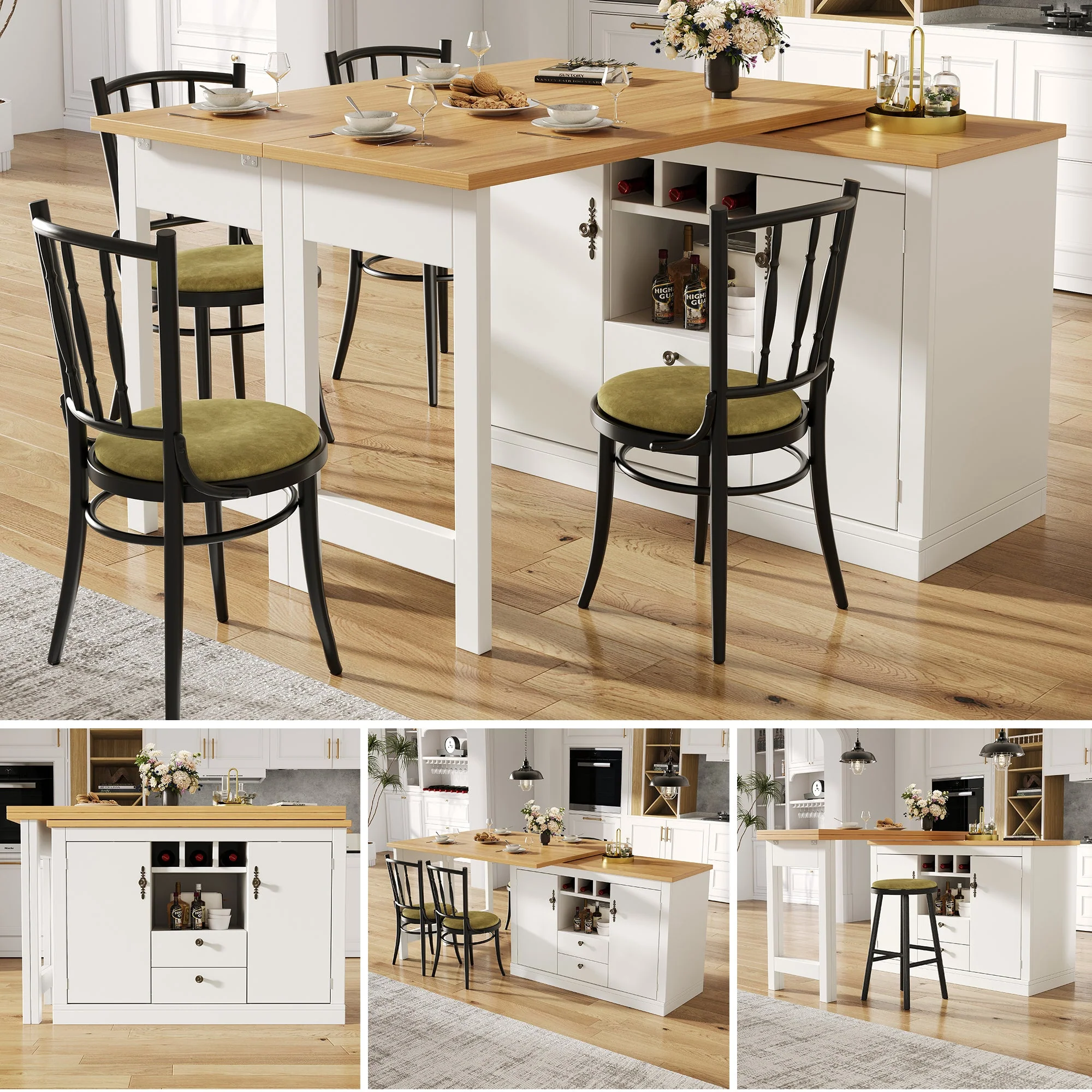 Extendable Bar Table with 360 Swivel and Storage, 120-180cm, White and Black - Image 2