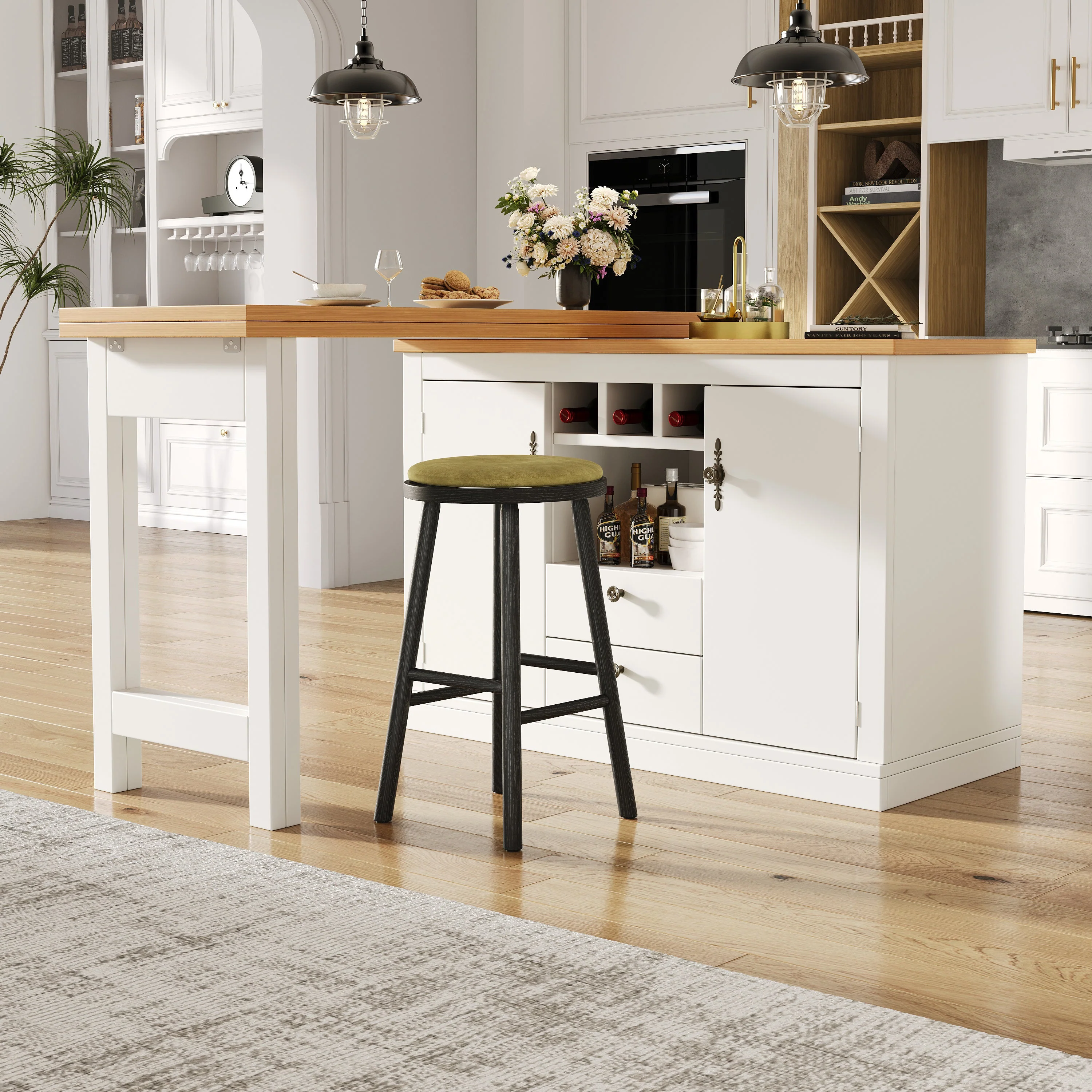 Extendable Bar Table with 360 Swivel and Storage, 120-180cm, White and Black - Image 4