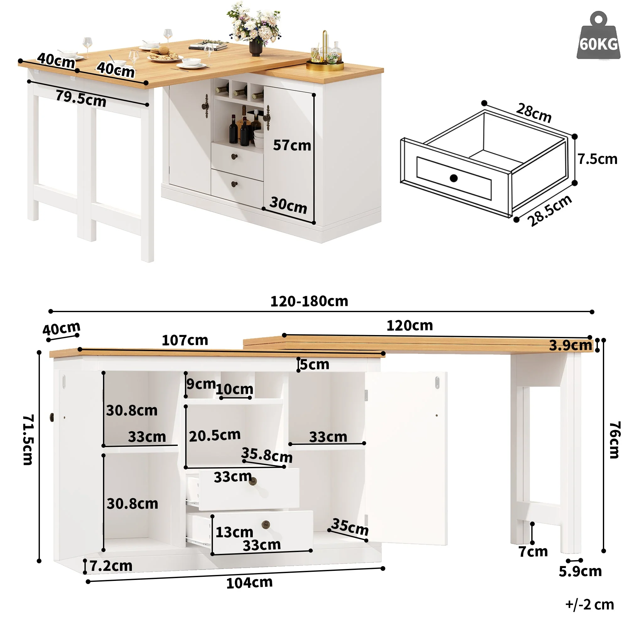 Extendable Bar Table with 360 Swivel and Storage, 120-180cm, White and Black - Image 9