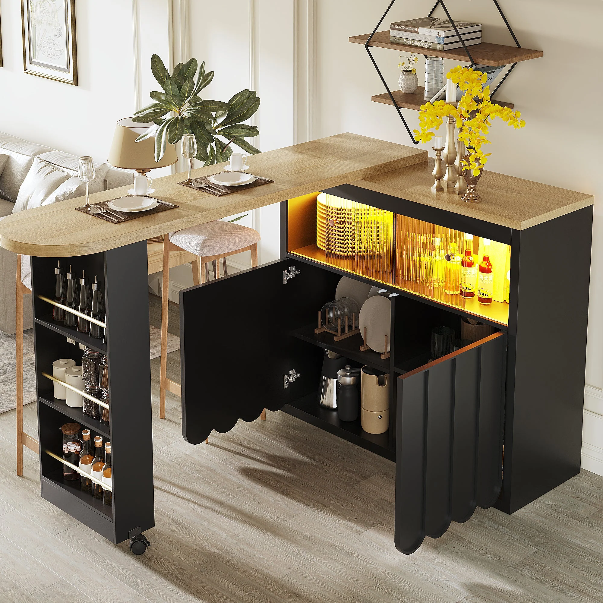 Extendable Bar Table with Storage, Movable, Telescopic LED, Black - Image 2