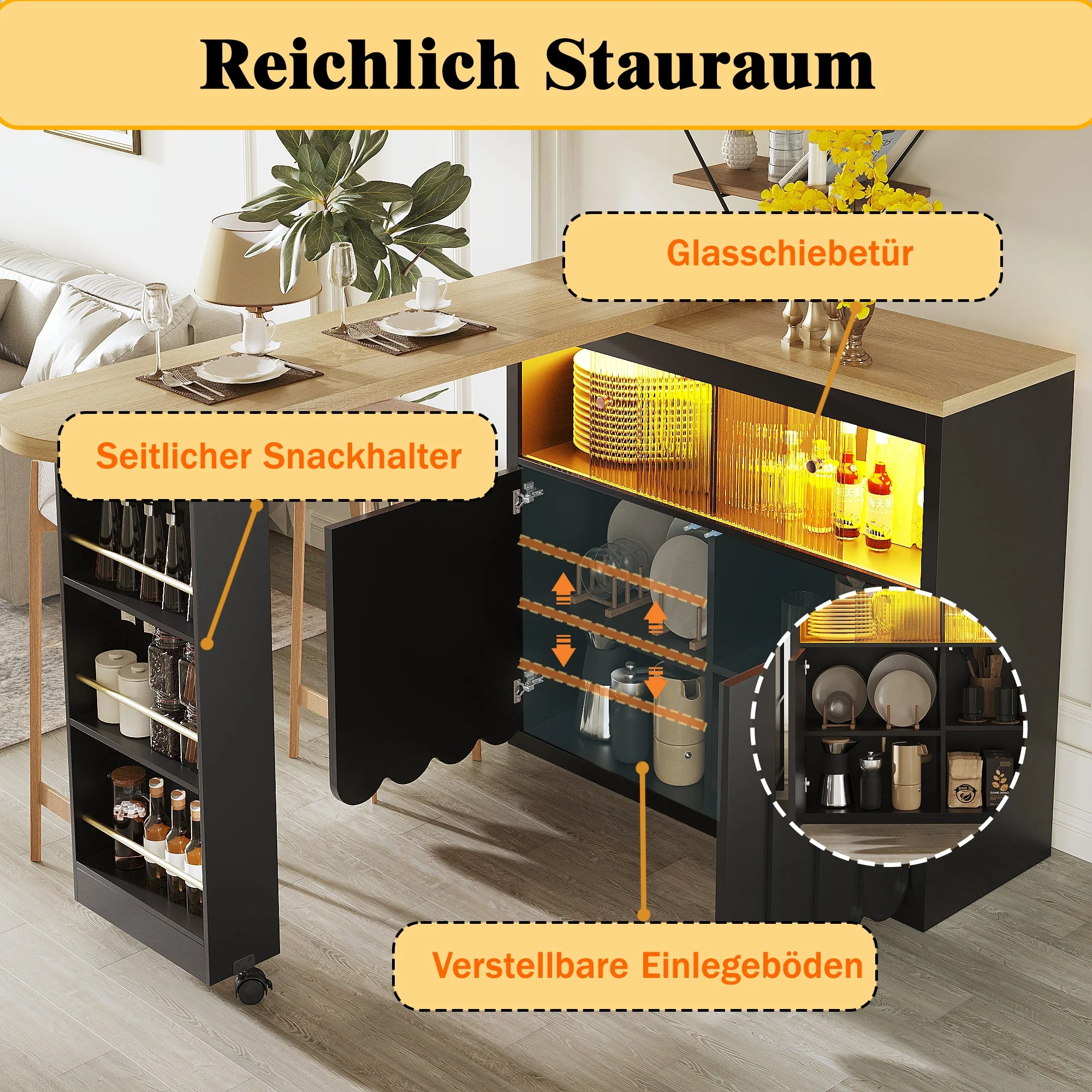 Extendable Bar Table with Storage, Movable, Telescopic LED, Black - Image 6