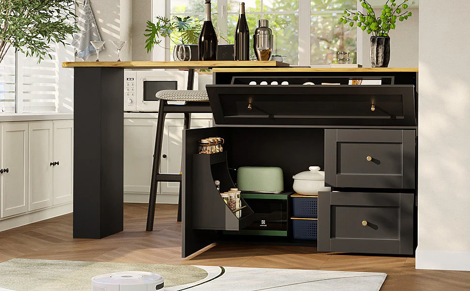 Extendable Bar Table with Storage, Snack Shelf, Kitchen Island - Black - Image 5