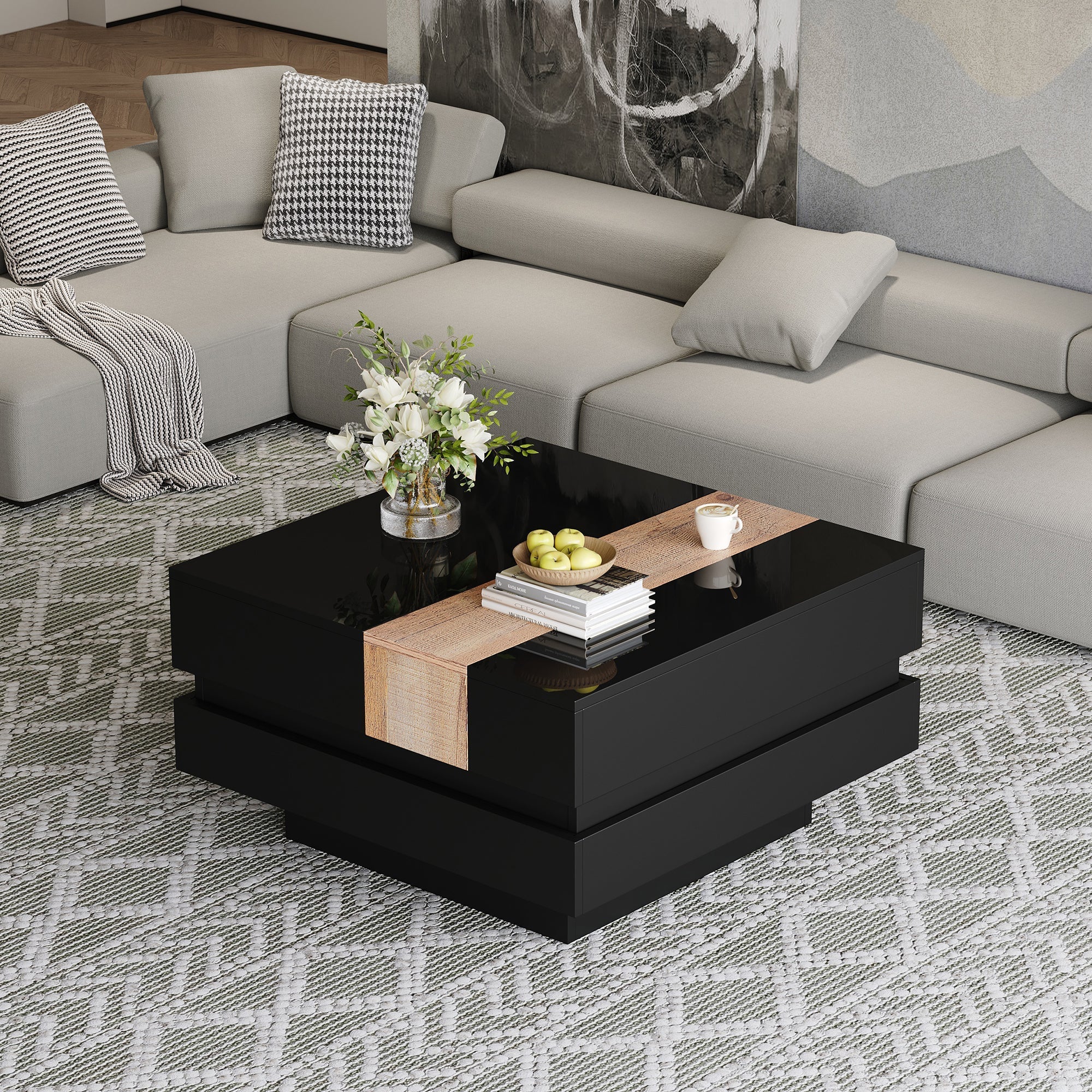 Extendable Coffee Table Hidden Storage High-Gloss - Black - Image 3