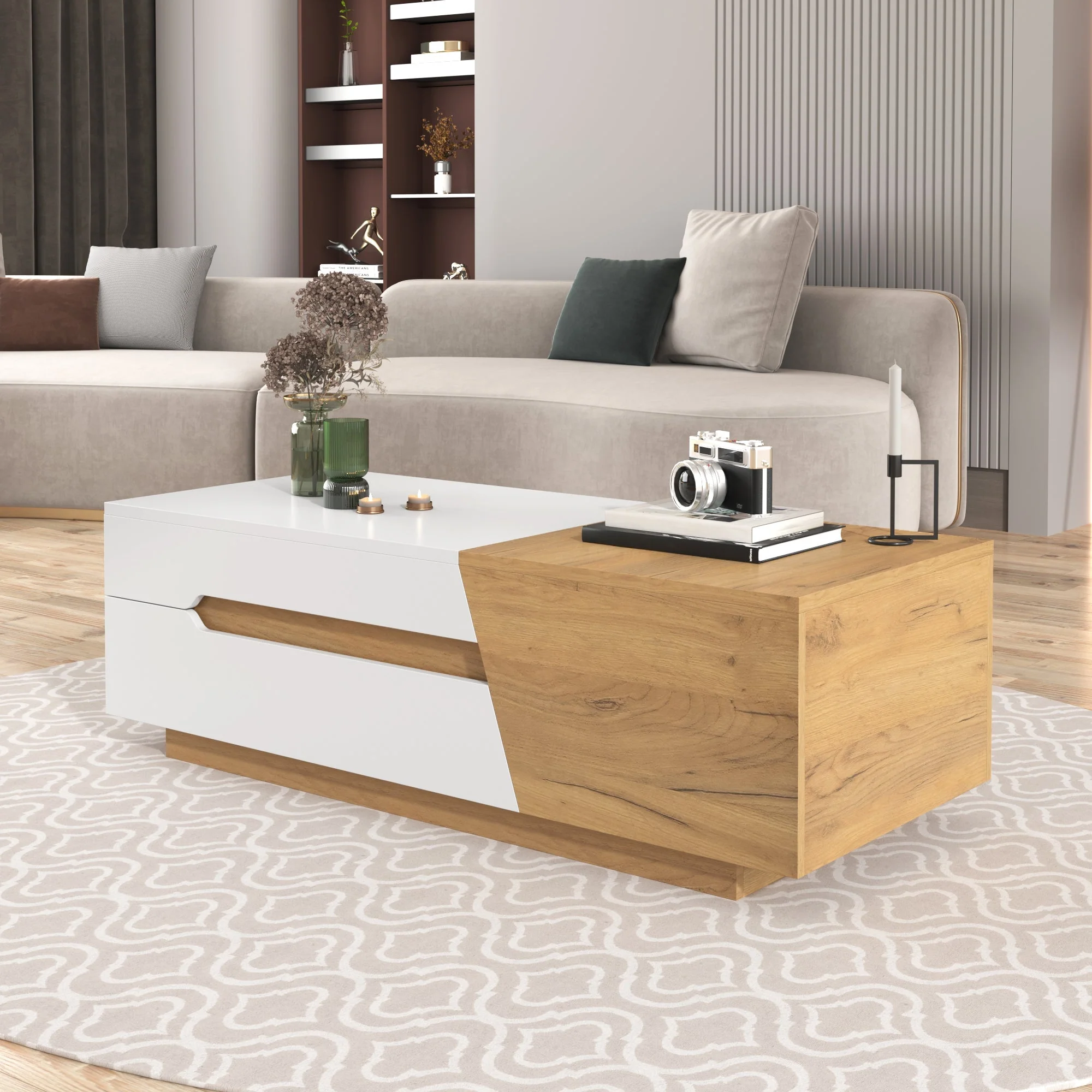 Extendable Coffee Table, Living Room Side Table with Drawers, Color Block Structure