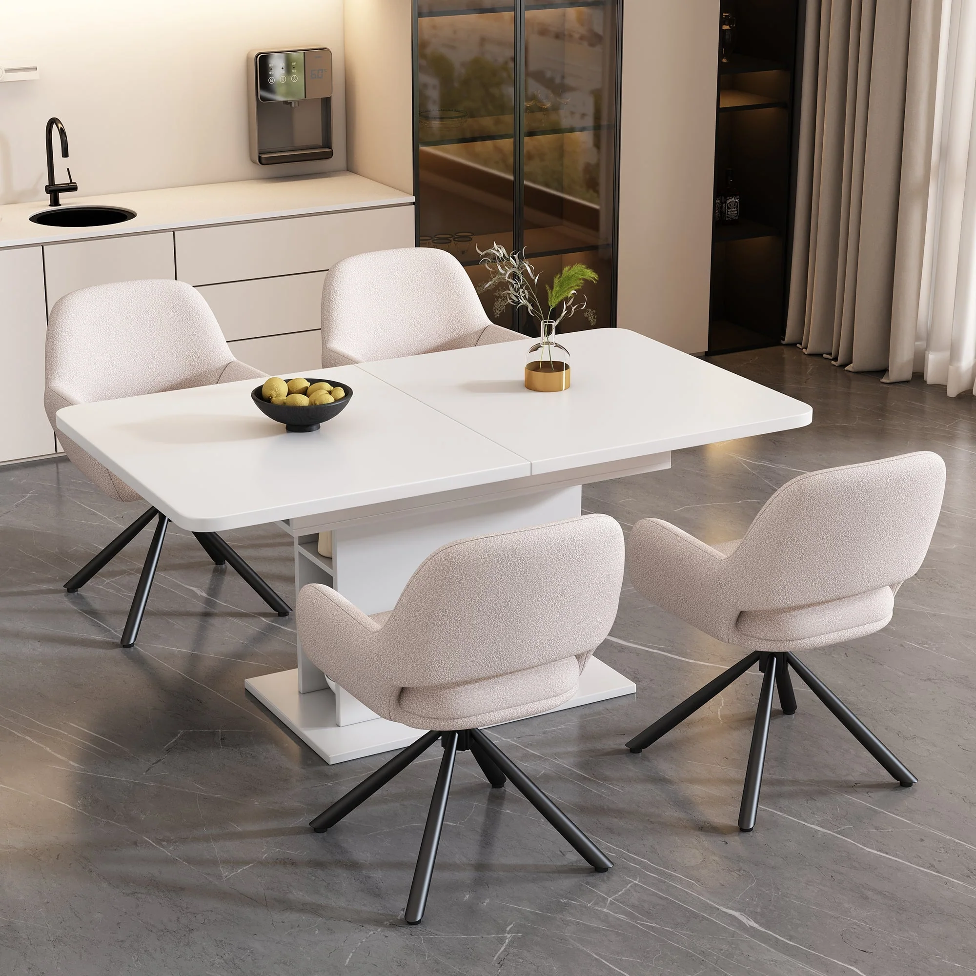 Extendable Dining Set with 4 Sherpa Chairs and Storage, Rectangular, White