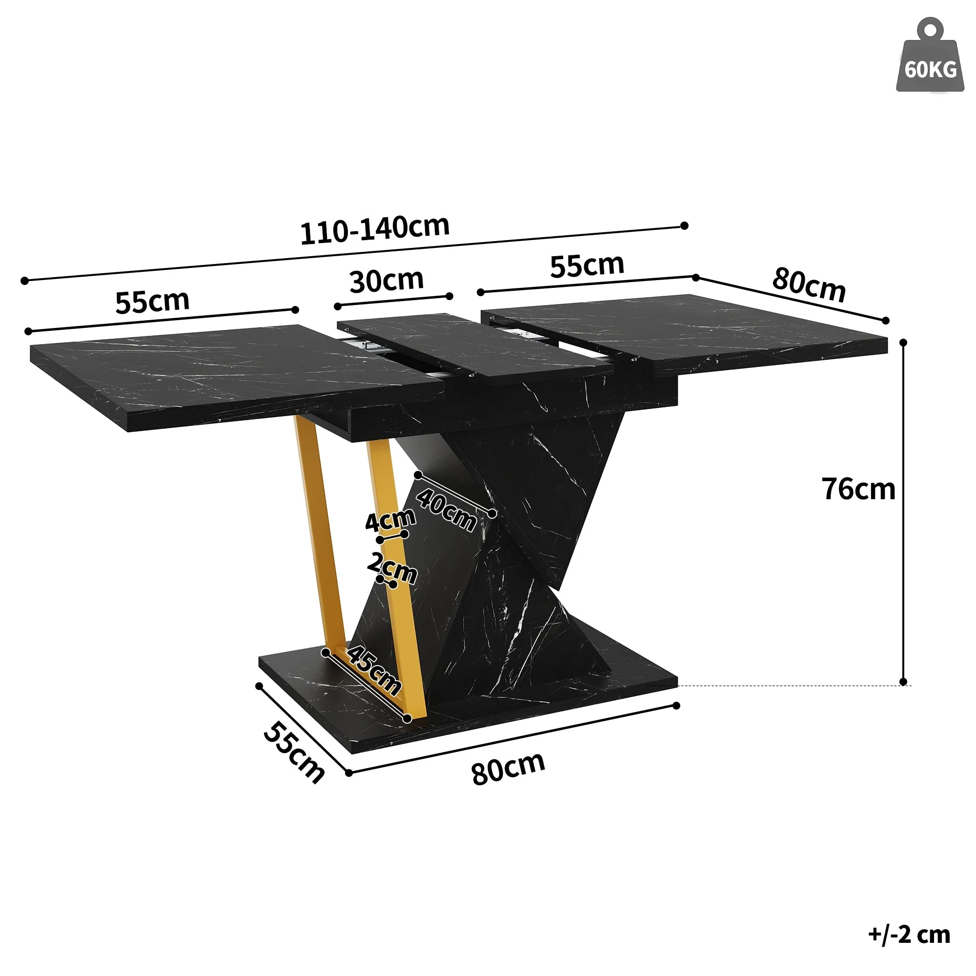 Extendable Dining Table 110-140x80cm 6 Seater Wood - Black - Image 5