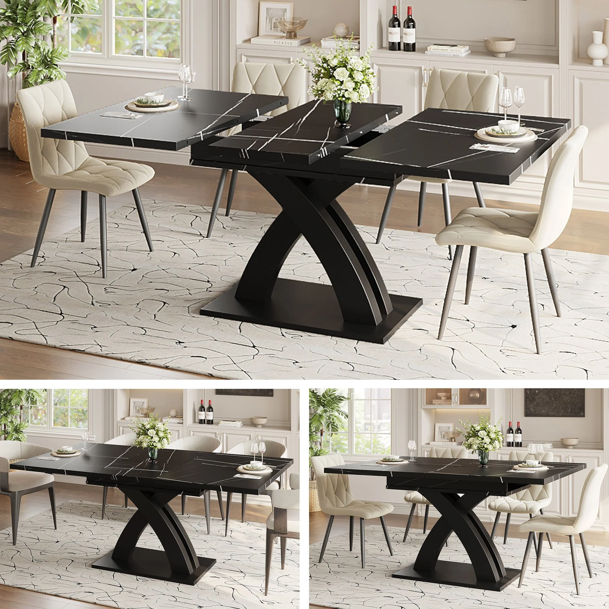 Extendable Dining Table, 120(160) cm Wooden Black Lacquered