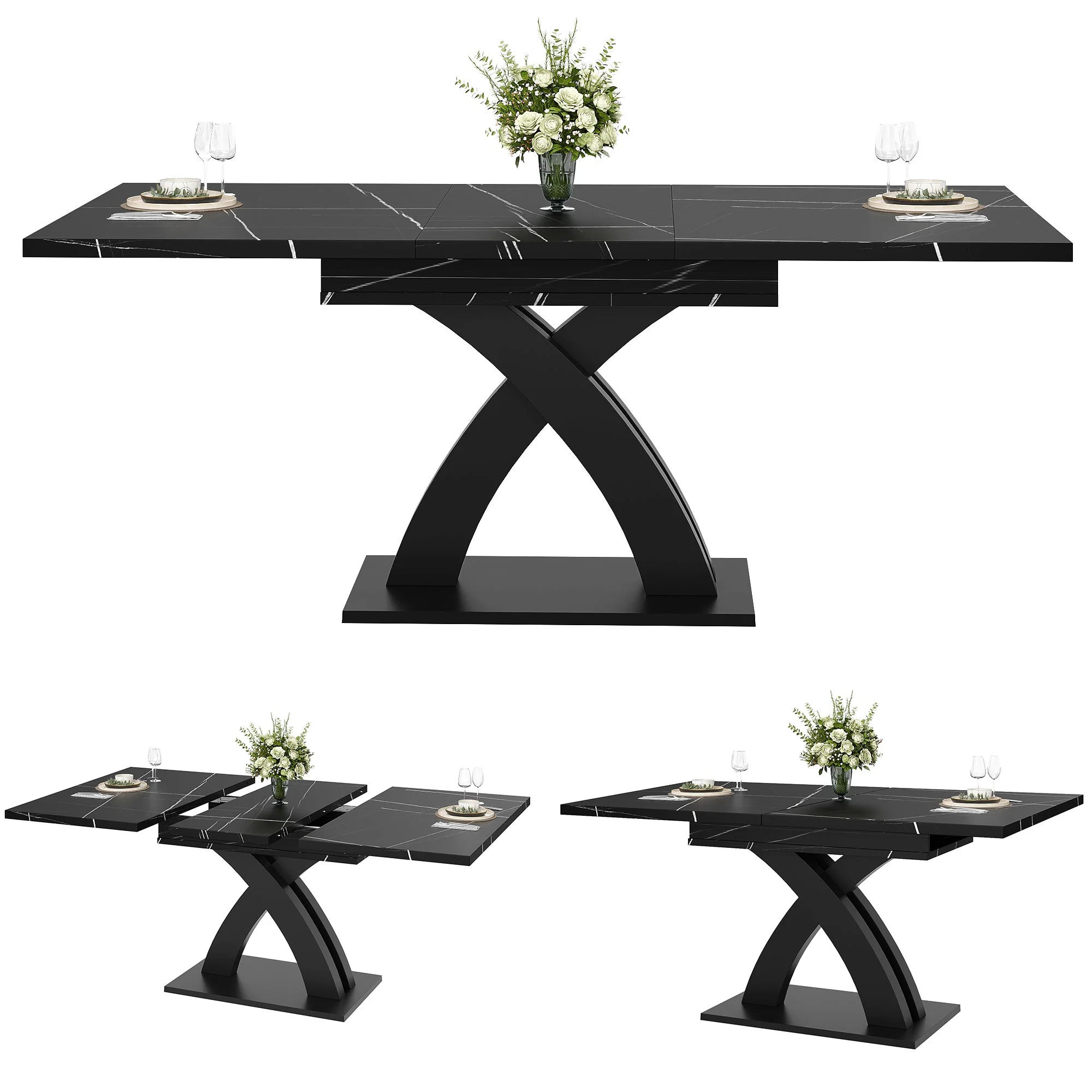 Extendable Dining Table, 120(160) cm Wooden Black Lacquered - Image 2