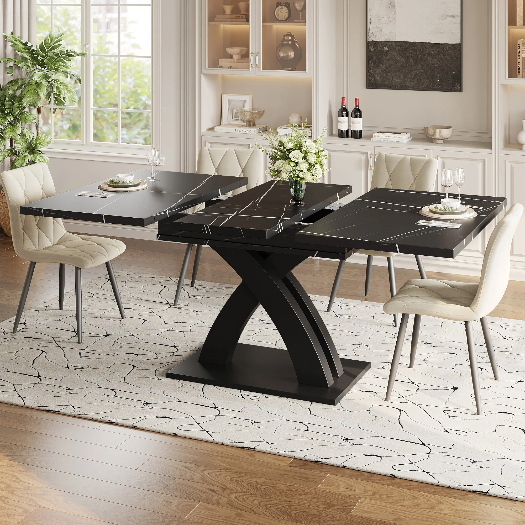 Extendable Dining Table, 120(160) cm Wooden Black Lacquered - Image 3
