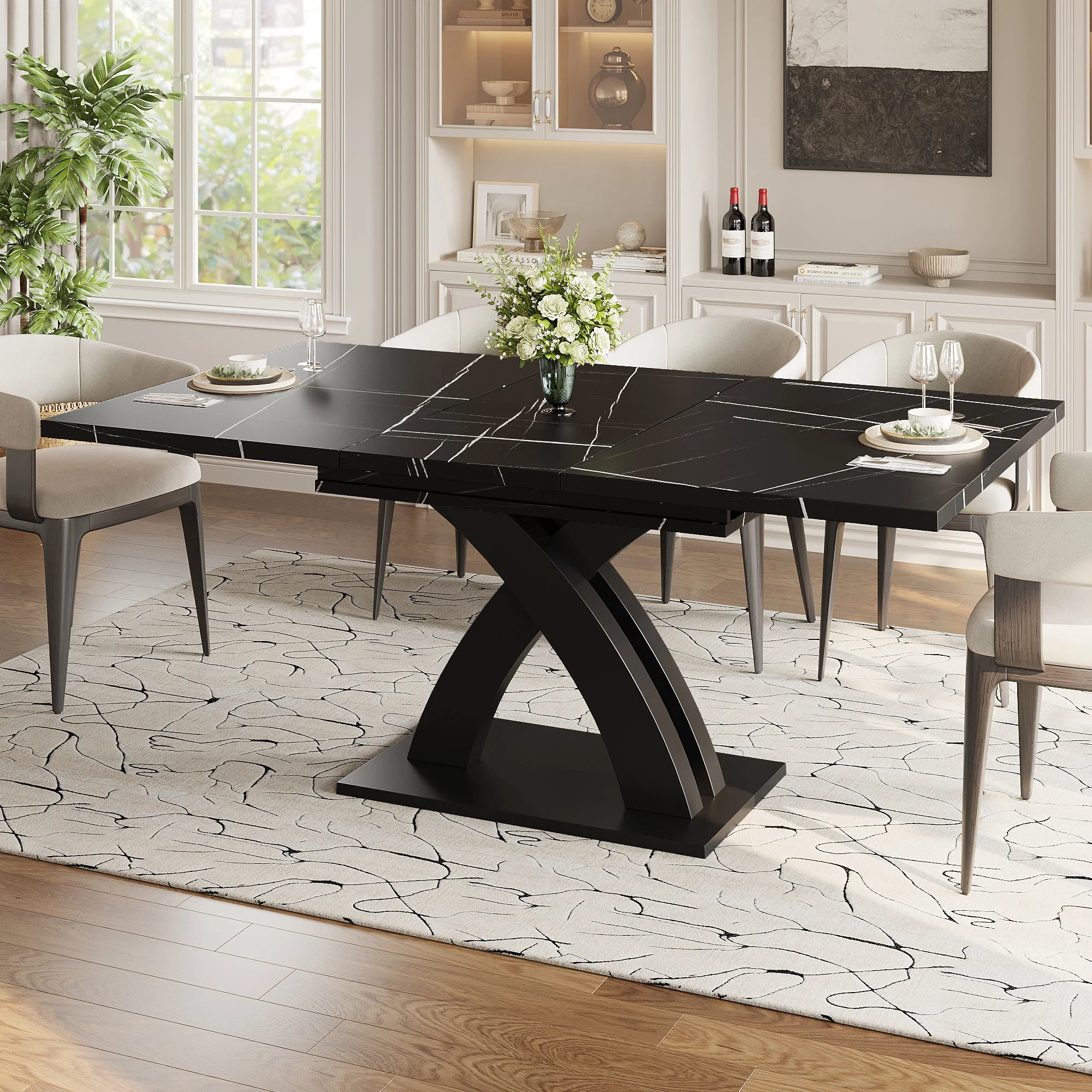 Extendable Dining Table, 120(160) cm Wooden Black Lacquered - Image 4