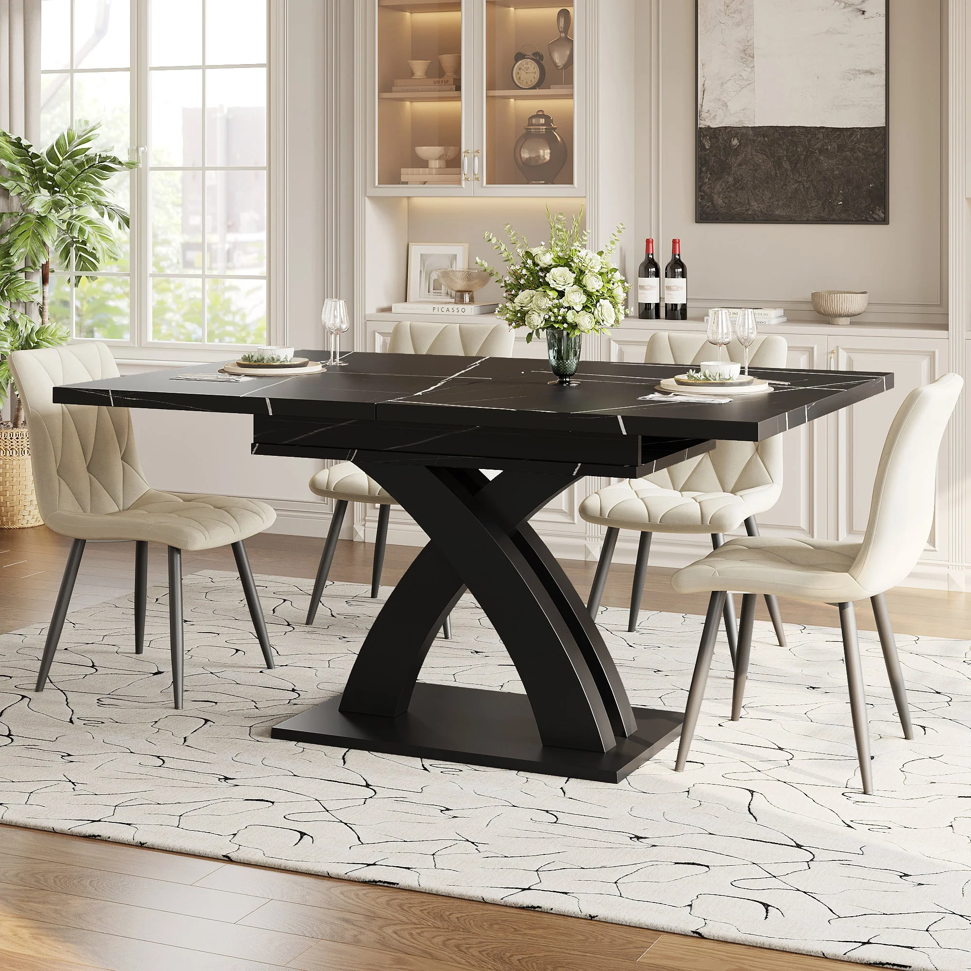 Extendable Dining Table, 120(160) cm Wooden Black Lacquered - Image 5