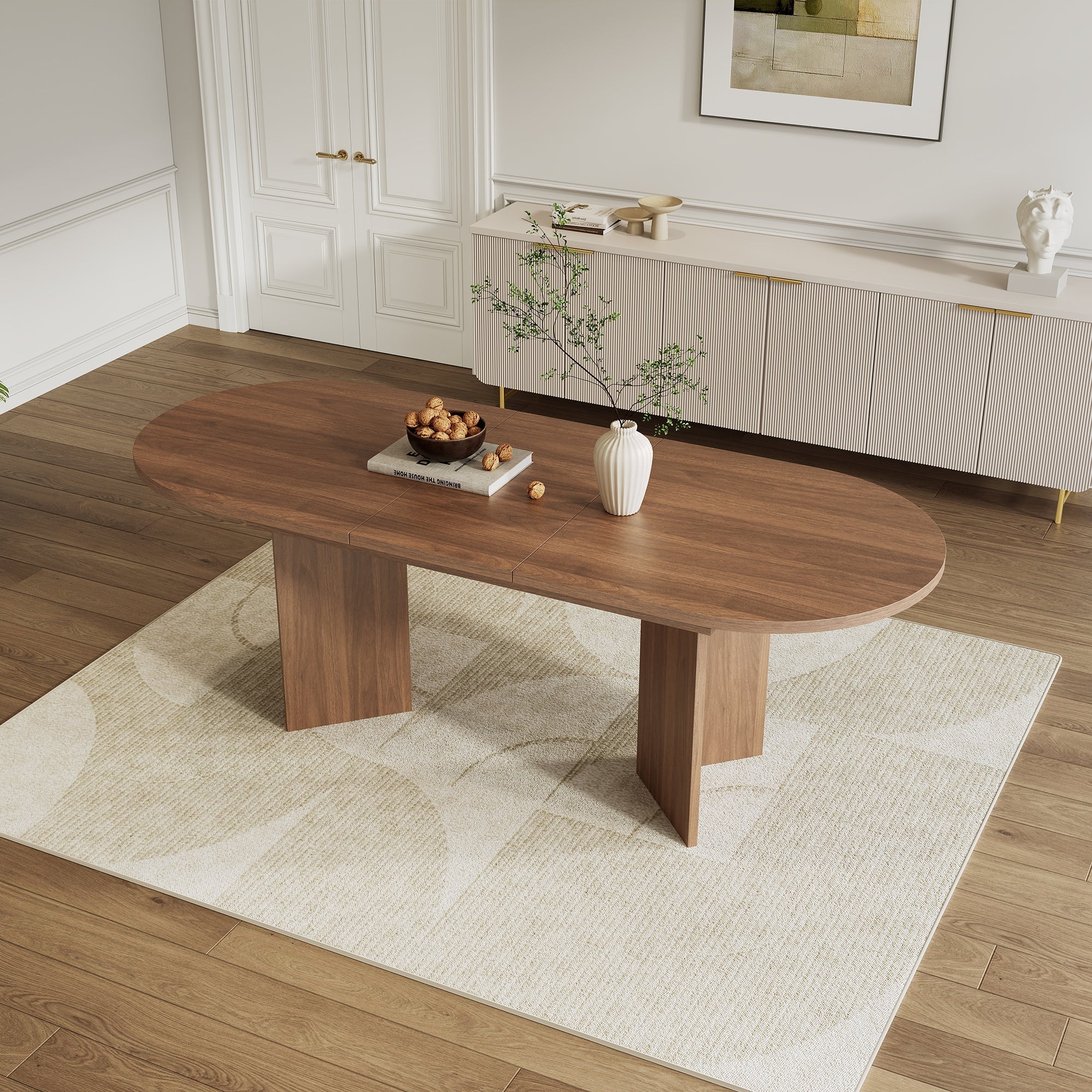 Extendable Dining Table, 120/160 x 80 cm for 4-6 People with Rounded Corners, Walnut - Image 3