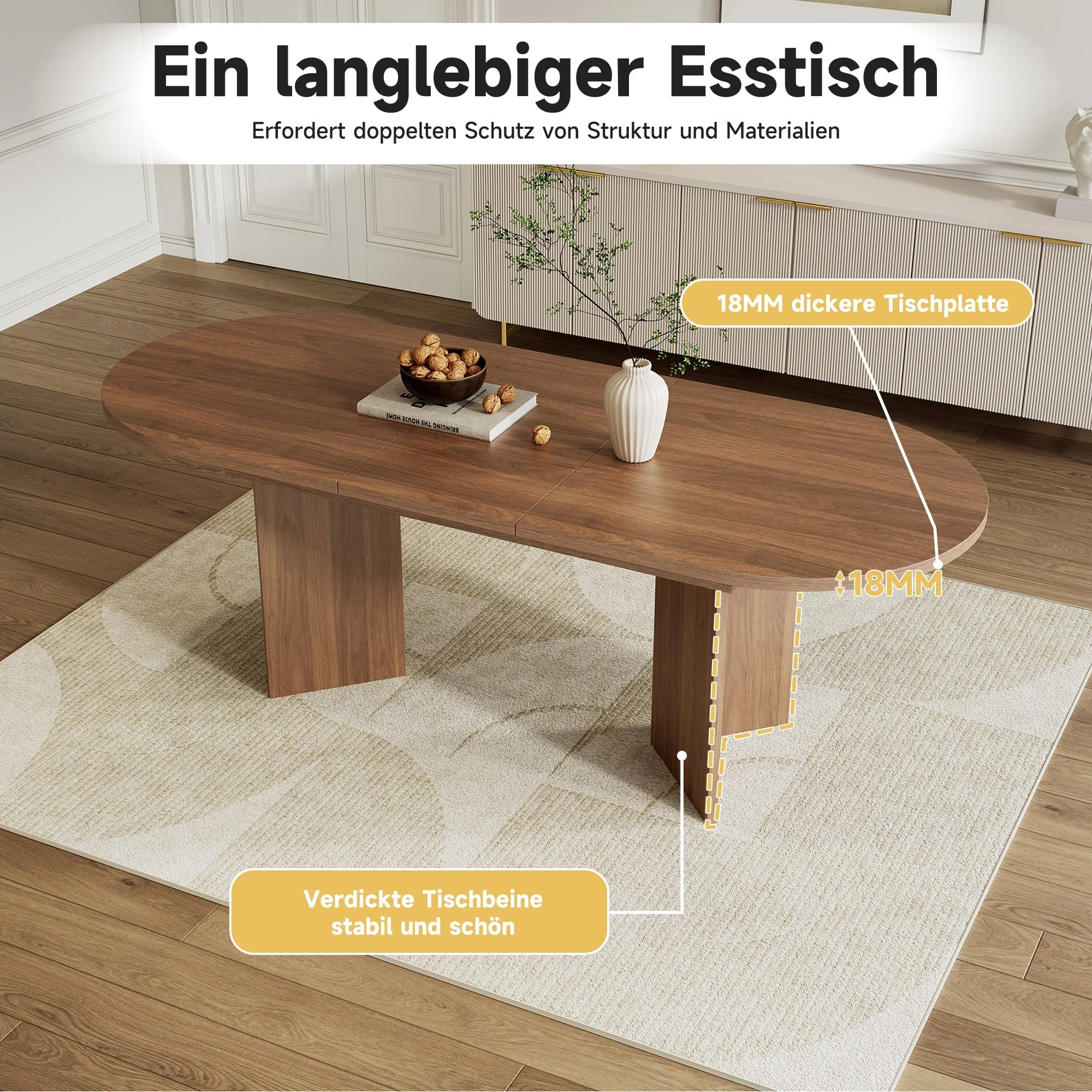 Extendable Dining Table, 120/160 x 80 cm for 4-6 People with Rounded Corners, Walnut - Image 6
