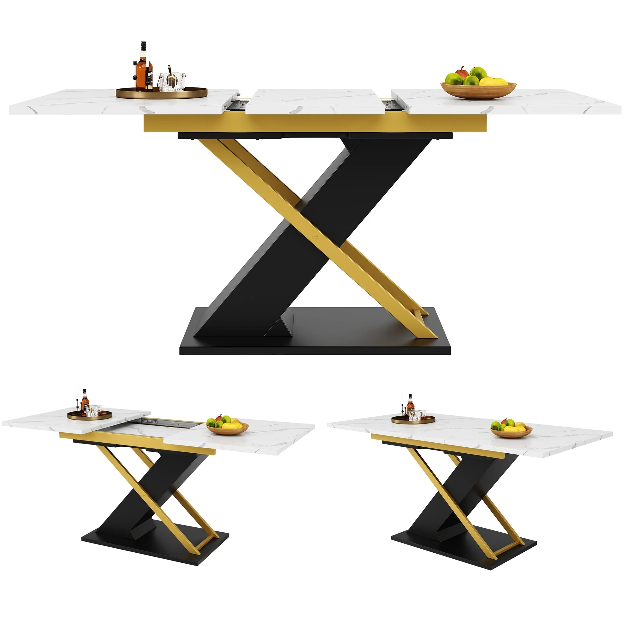 Extendable Dining Table, 120-160 x 80 cm, with Golden Cross Legs - Image 3