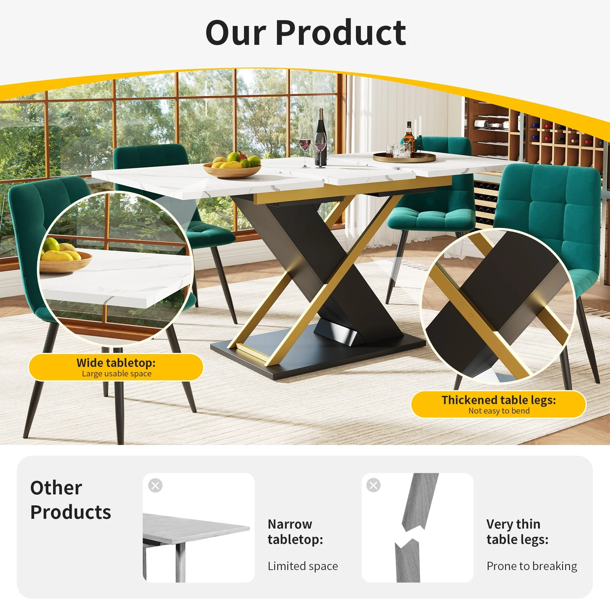 Extendable Dining Table, 120-160 x 80 cm, with Golden Cross Legs - Image 5