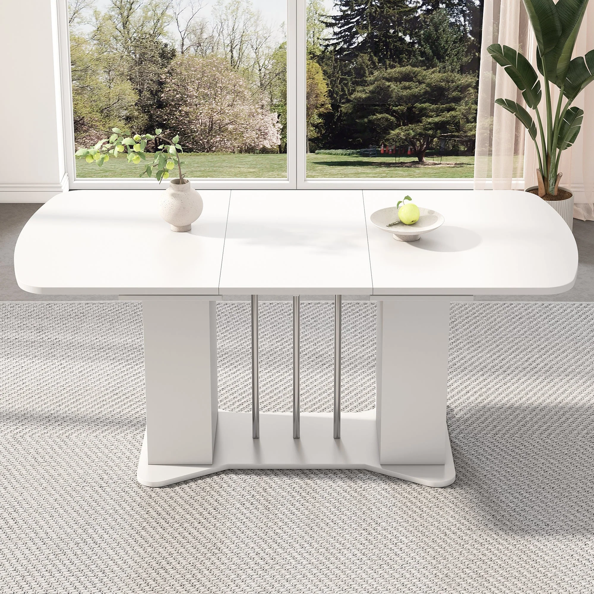 Extendable Dining Table 120/160x80cm Modern Storage - White/Silver Legs - Image 2