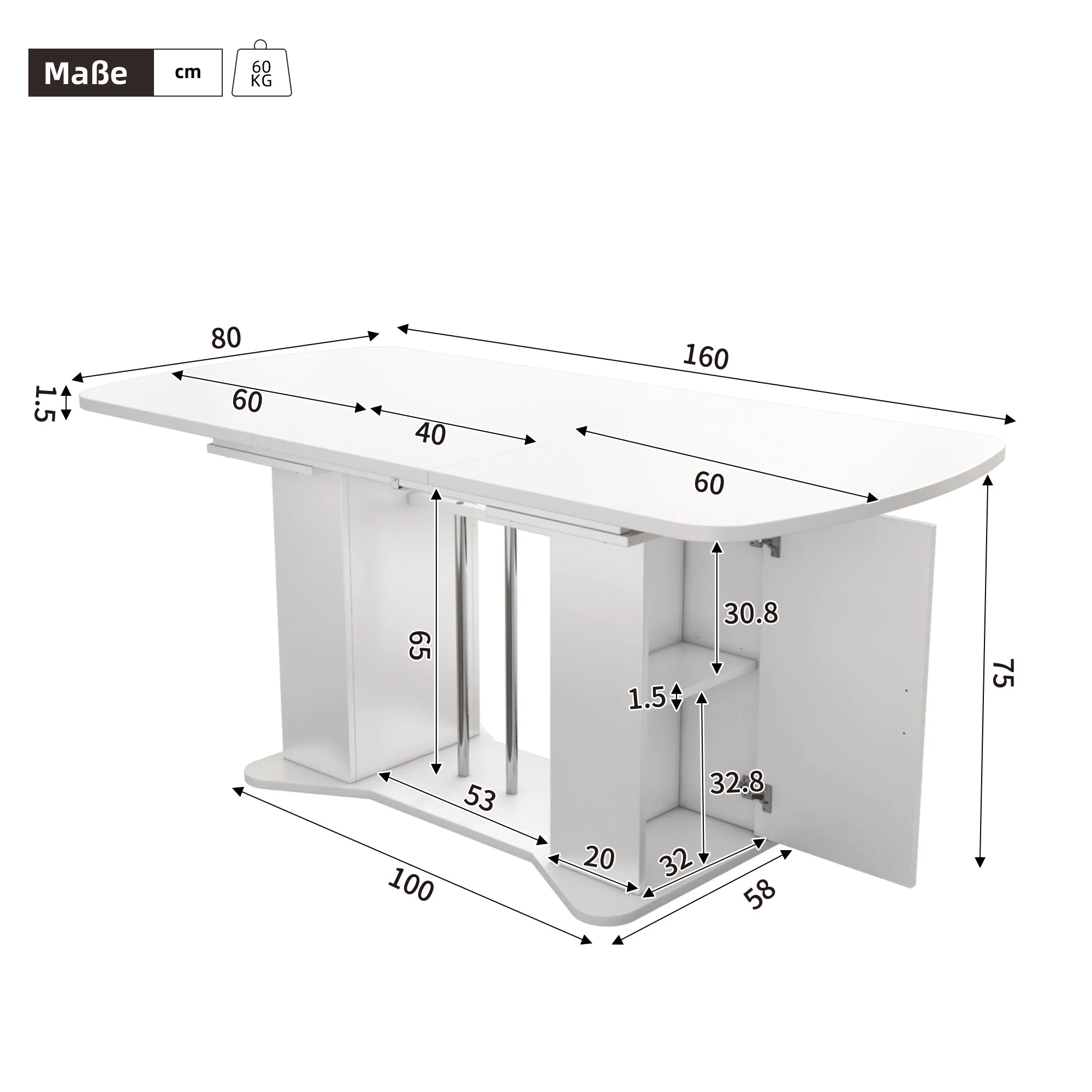Extendable Dining Table 120/160x80cm Modern Storage - White/Silver Legs - Image 9