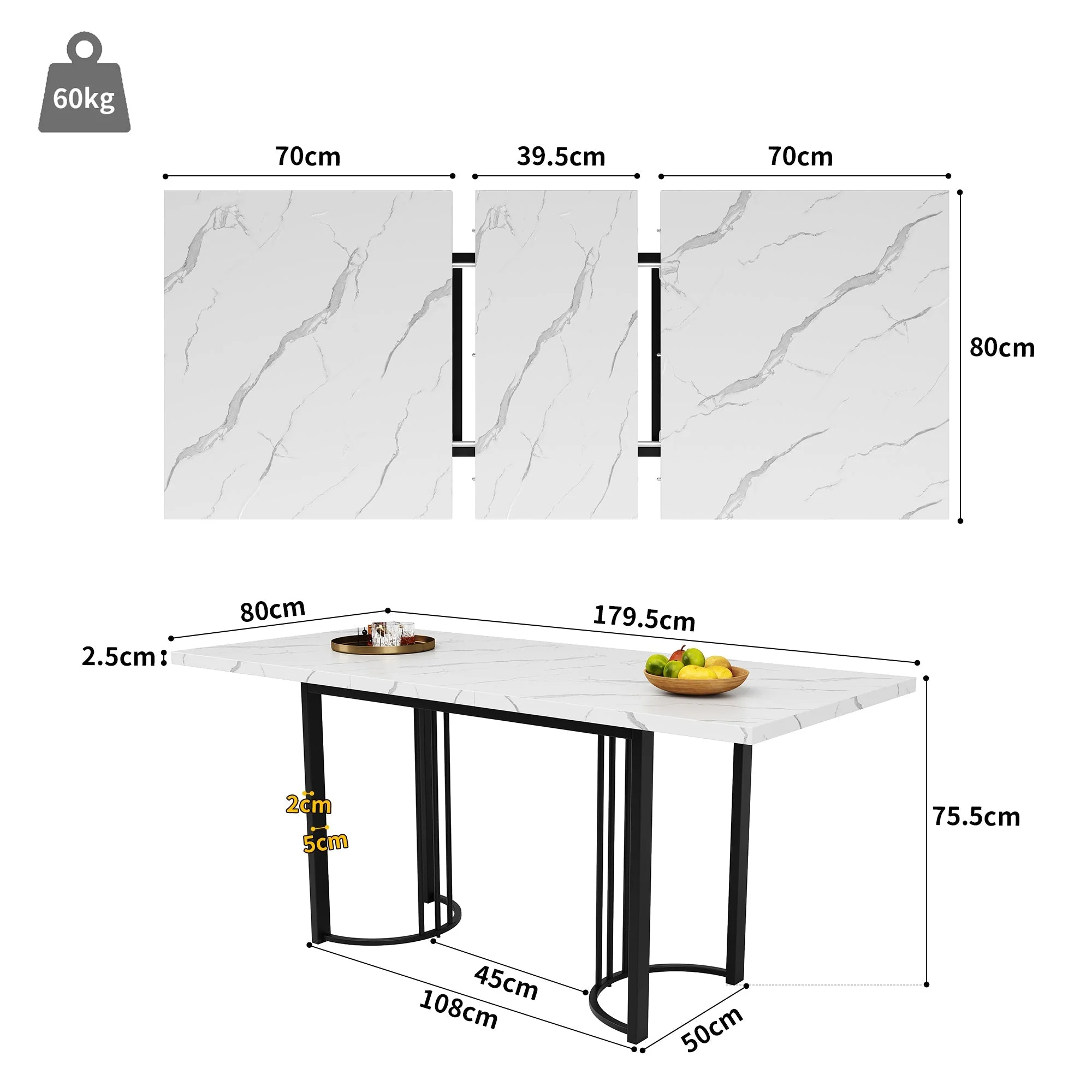 Extendable Dining Table 140-179.5cm Rectangular Metal Frame - White/Black - Image 5