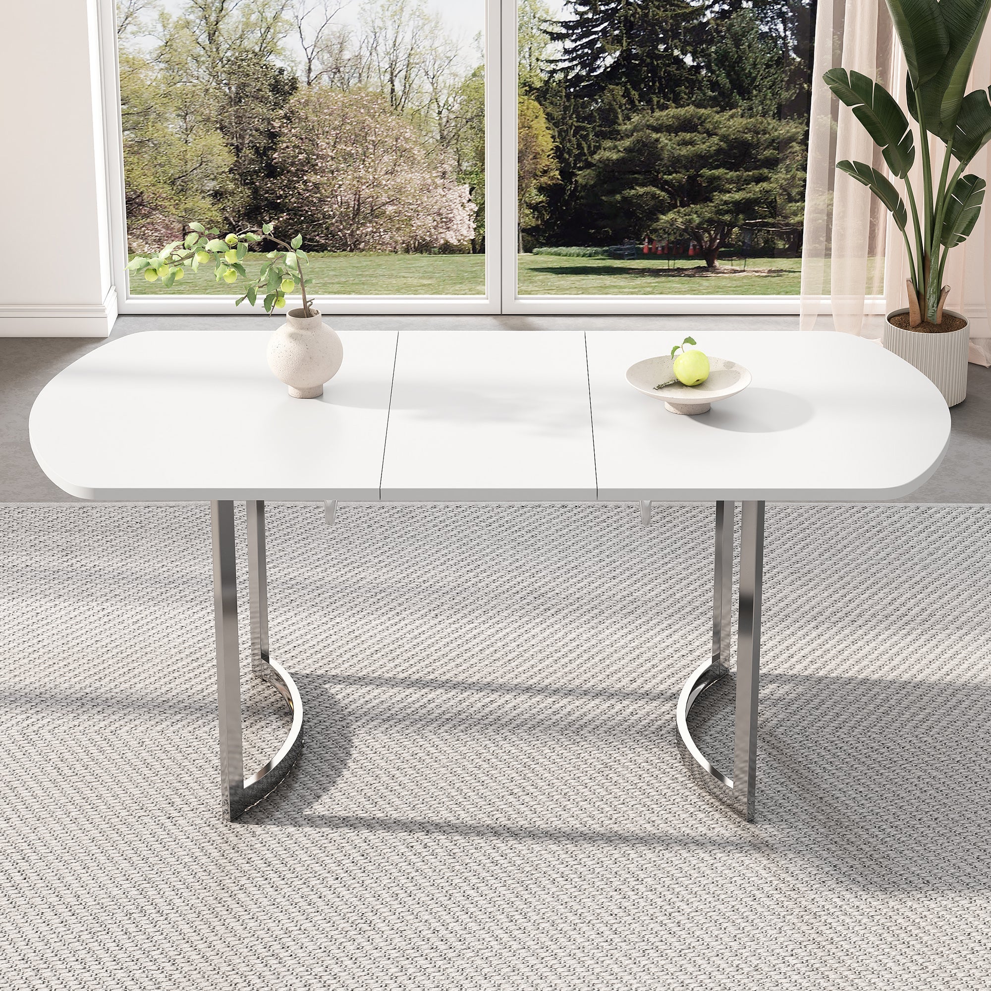 Extendable Dining Table 140/180x80cm 4-6 Seater Modern Silver Metal Legs - White - Image 2