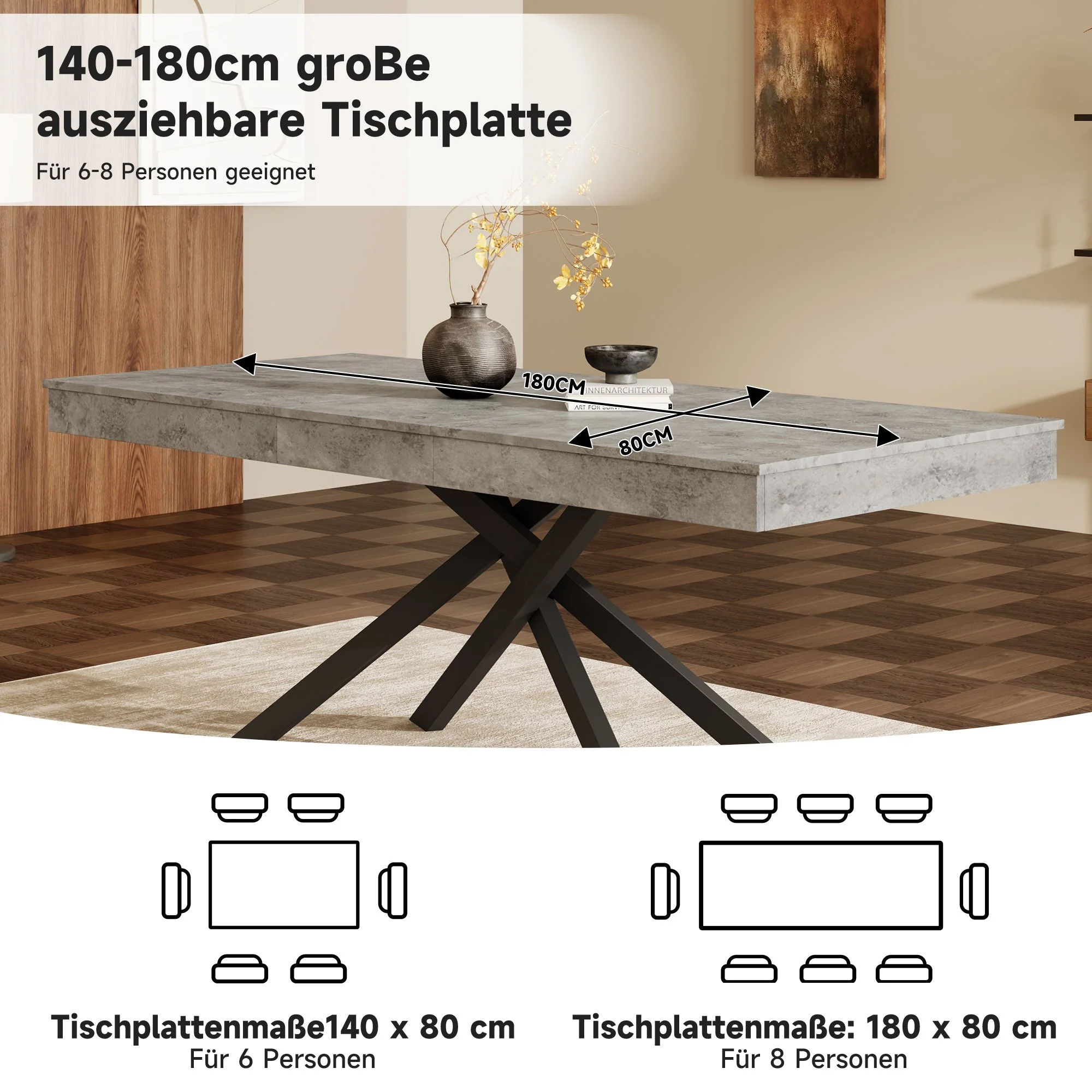 Extendable Dining Table 140/180x80cm 6-8 Person Rectangular Metal Legs Grey - Image 7