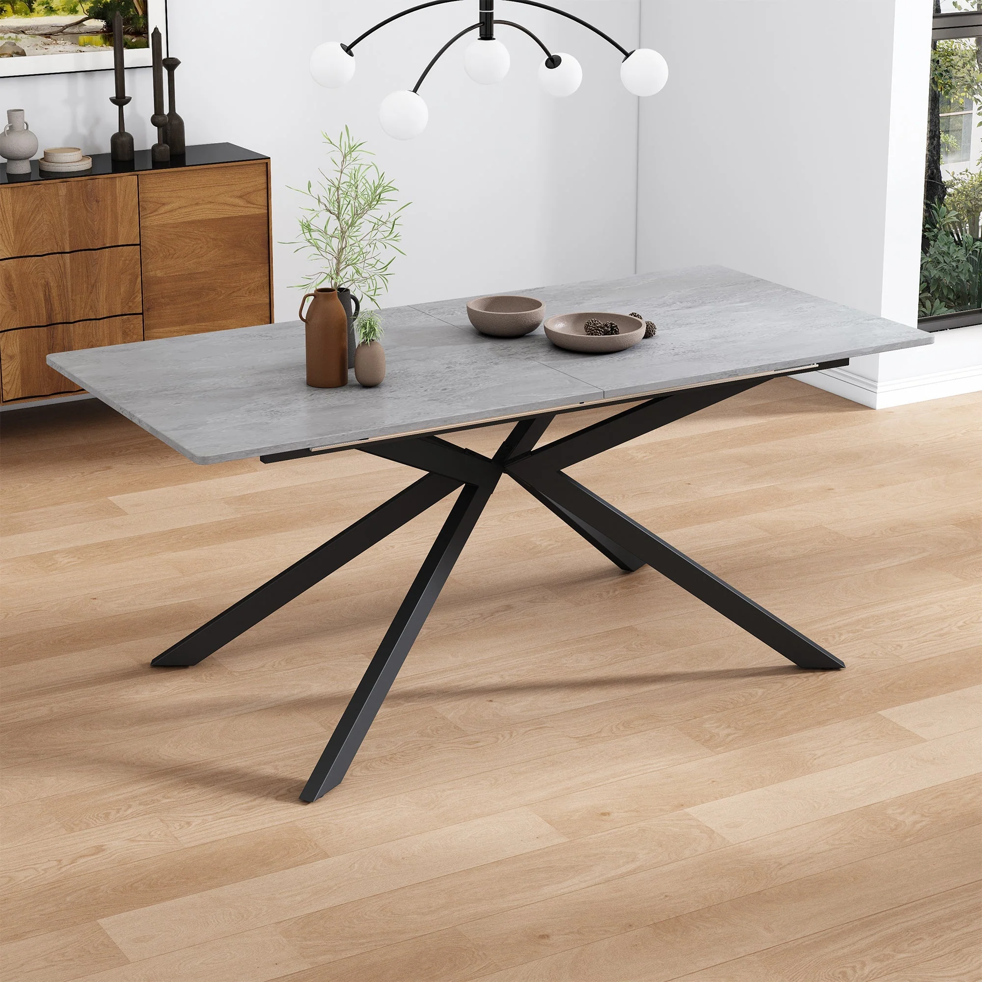 Extendable Dining Table Automatic Rectangular Cross Leg L150/180cm - Cement Pattern Black/Grey - Image 2