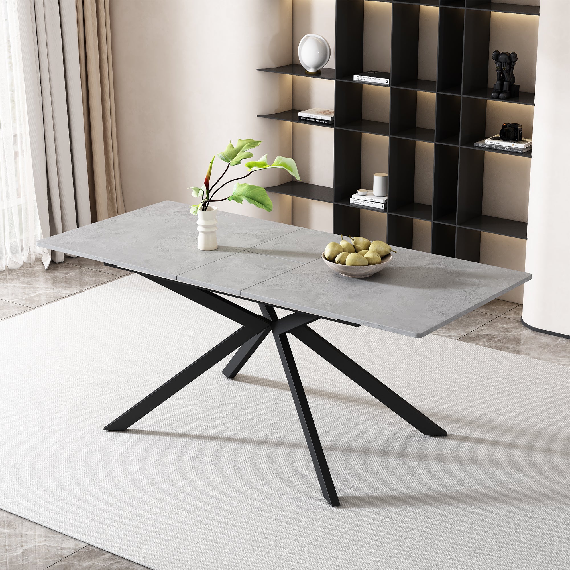 Extendable Dining Table Automatic Rectangular Cross Leg L150/180cm - Cement Pattern Black/Grey - Image 3