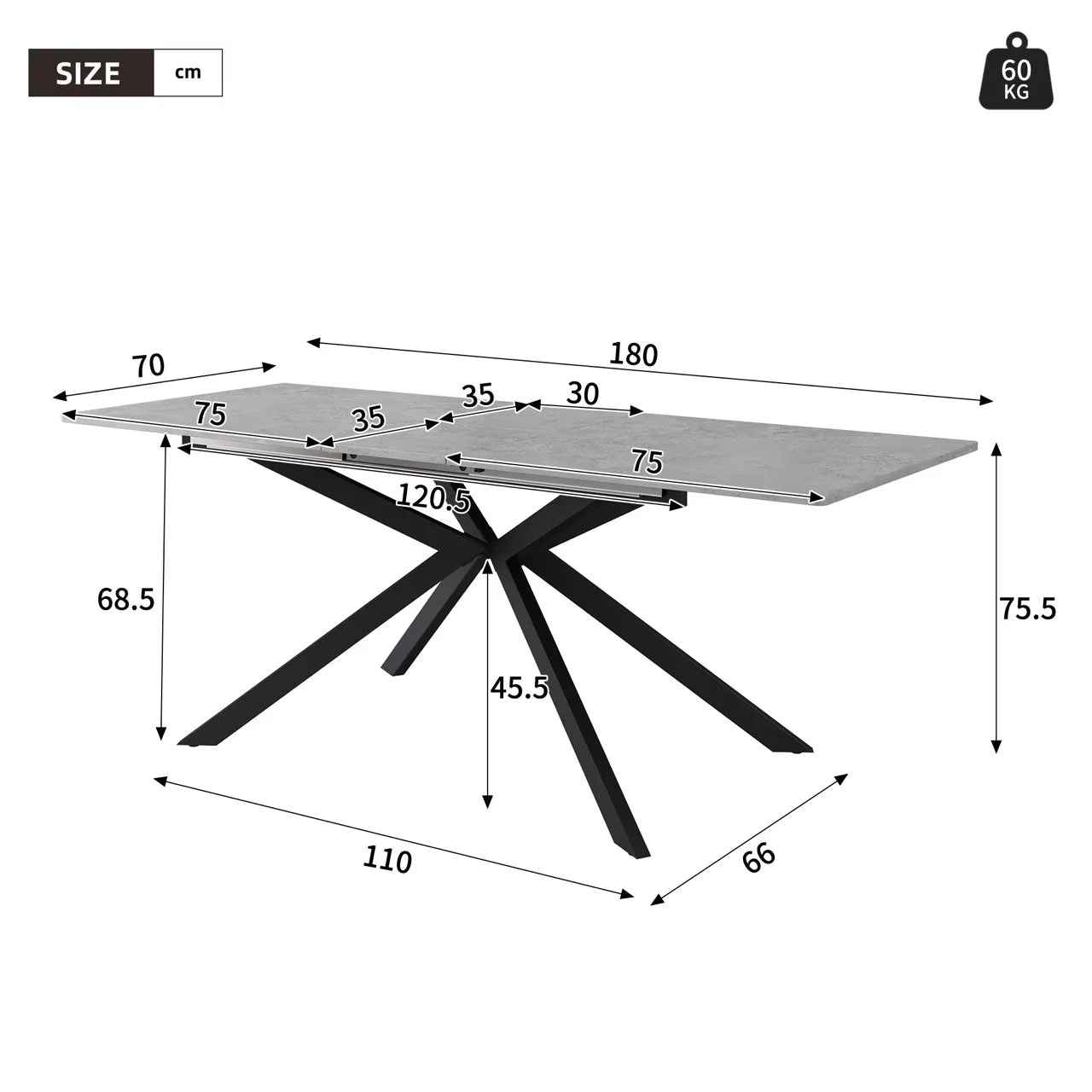 Extendable Dining Table Automatic Rectangular Cross Leg L150/180cm - Cement Pattern Black/Grey - Image 5