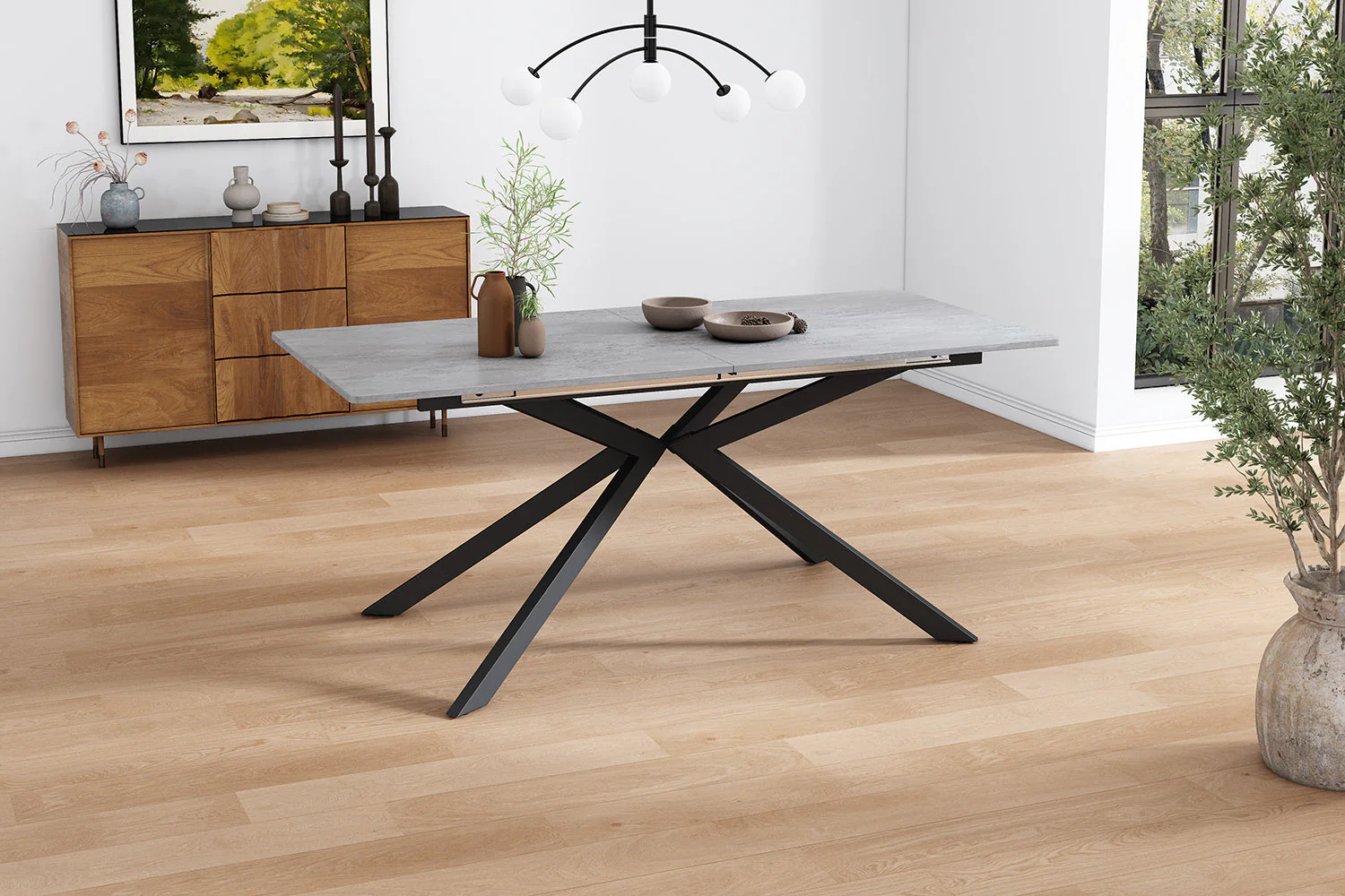 Extendable Dining Table Automatic Rectangular Cross Leg L150/180cm - Cement Pattern Black/Grey - Image 7