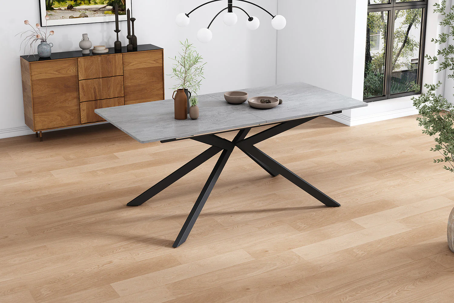 Extendable Dining Table Automatic Rectangular Cross Leg L150/180cm - Cement Pattern Black/Grey - Image 9