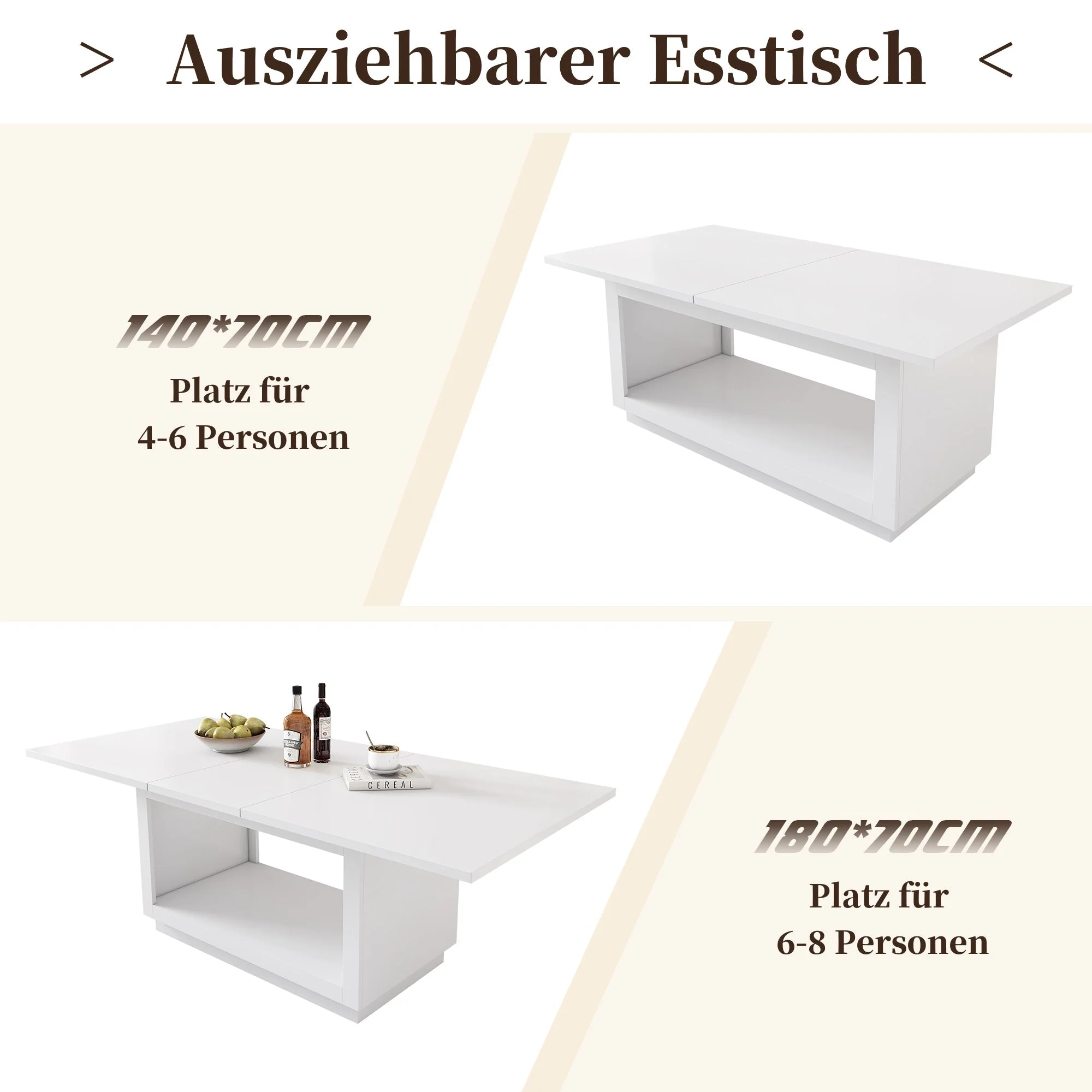 Extendable Dining Table, Modern Simple Square Design 140/180 cm, White - Image 4
