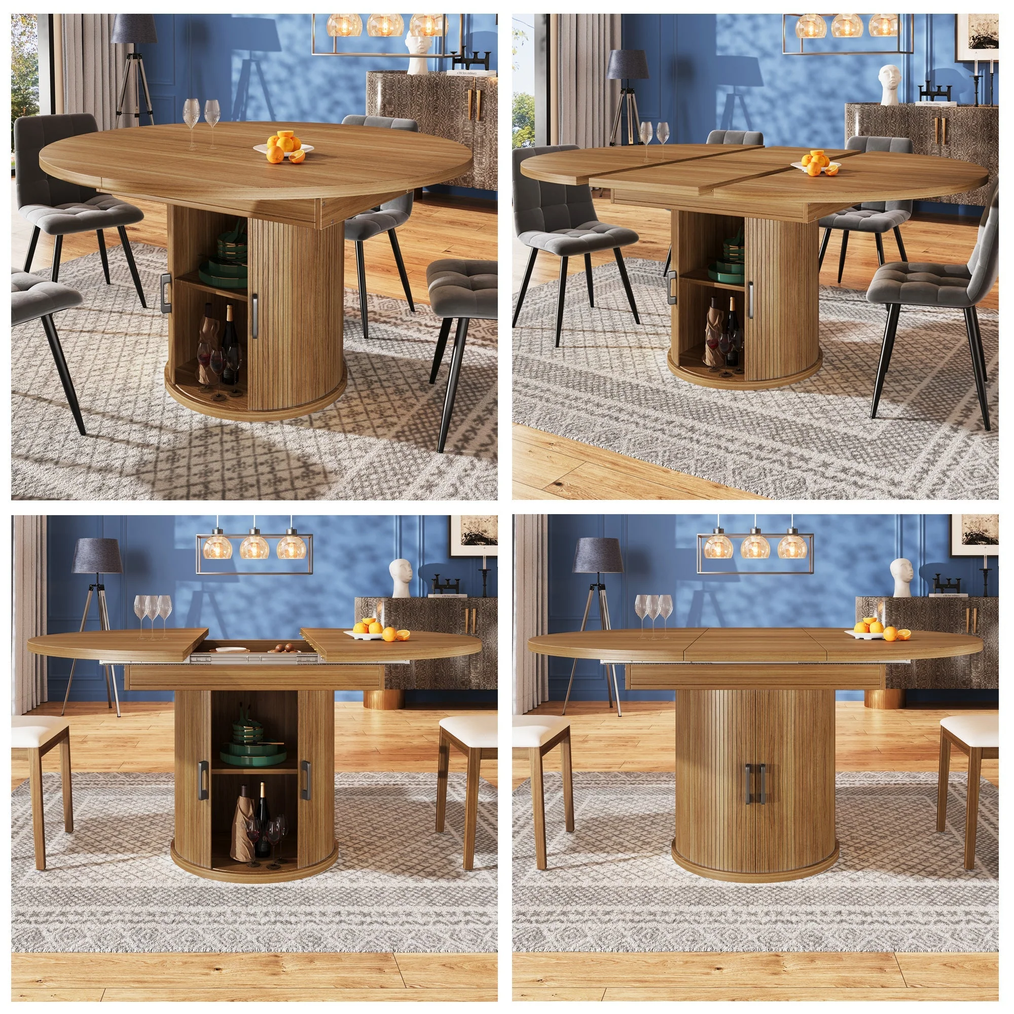 Extendable Dining Table Round/Oval 118-158 cm Seats 6 Walnut/Black