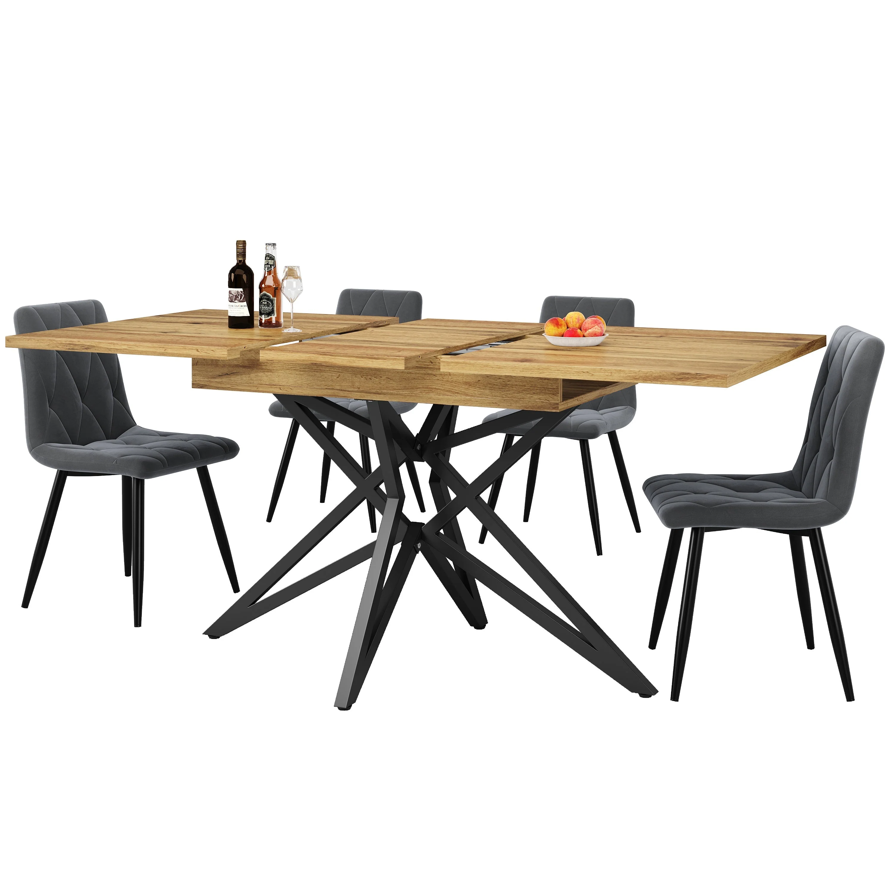 Extendable Dining Table Set with 4 Chairs, Dark Grey Velvet and Walnut Look - Image 5