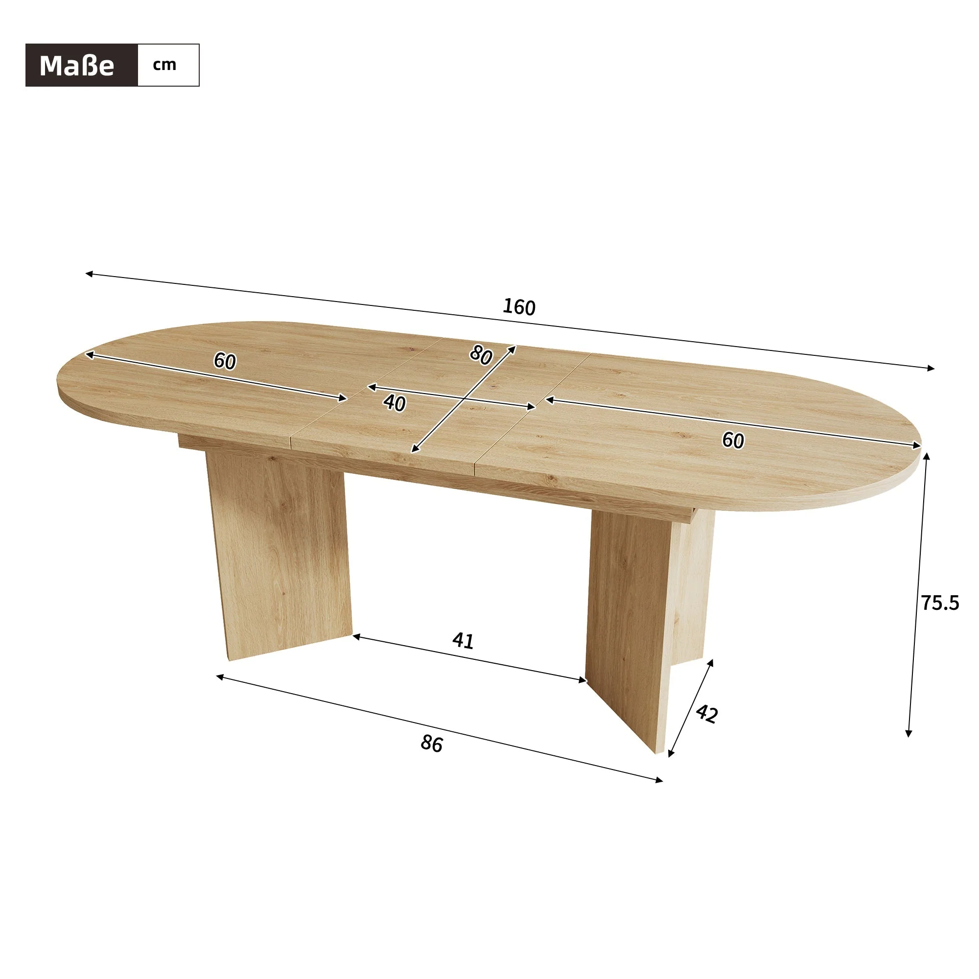 Extendable Dining Table Set with 6 Velvet Chairs and Rounded Corners, Beige and Oak Wood Look - Image 6