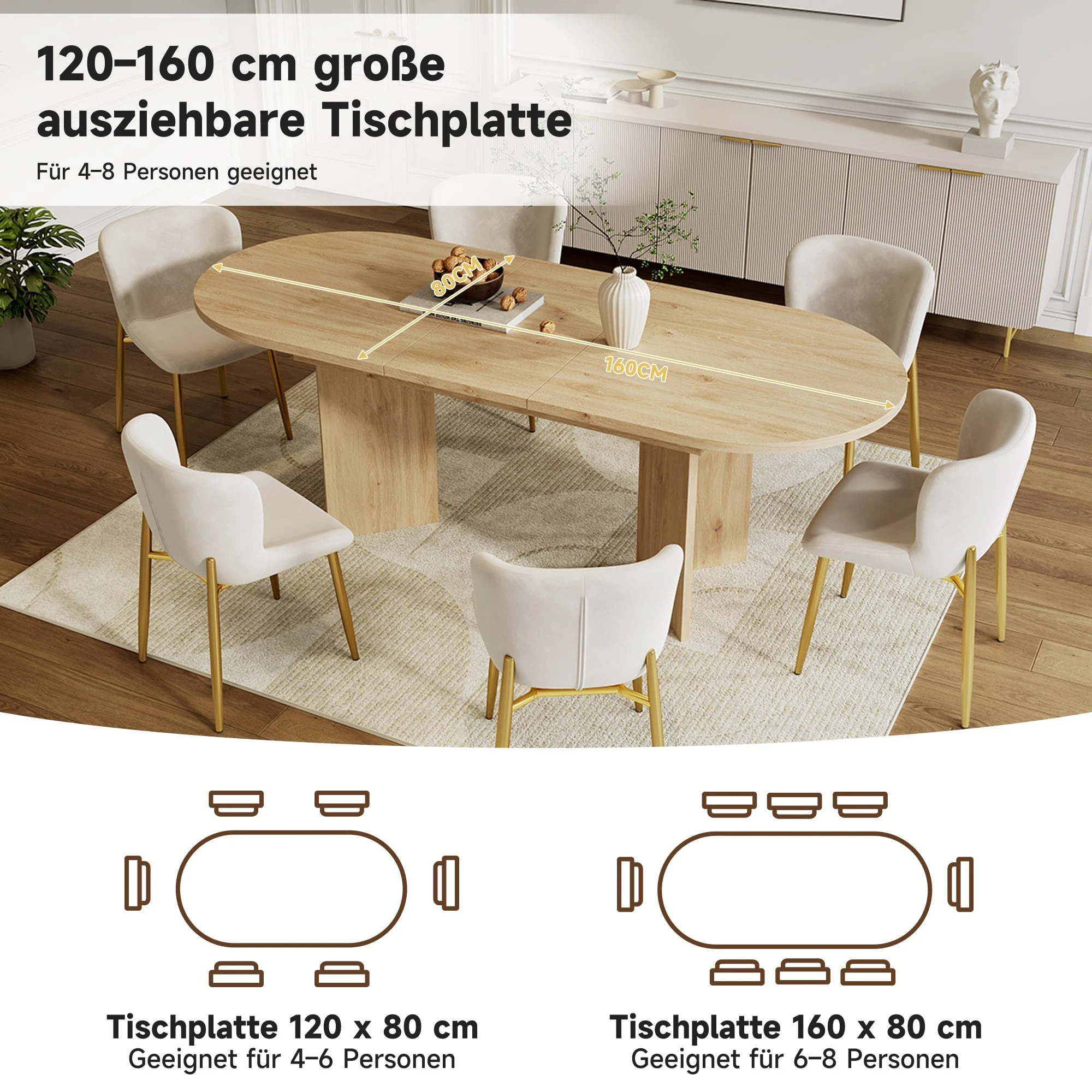 Extendable Dining Table Set with 6 Velvet Chairs and Rounded Corners, Beige and Oak Wood Look - Image 9