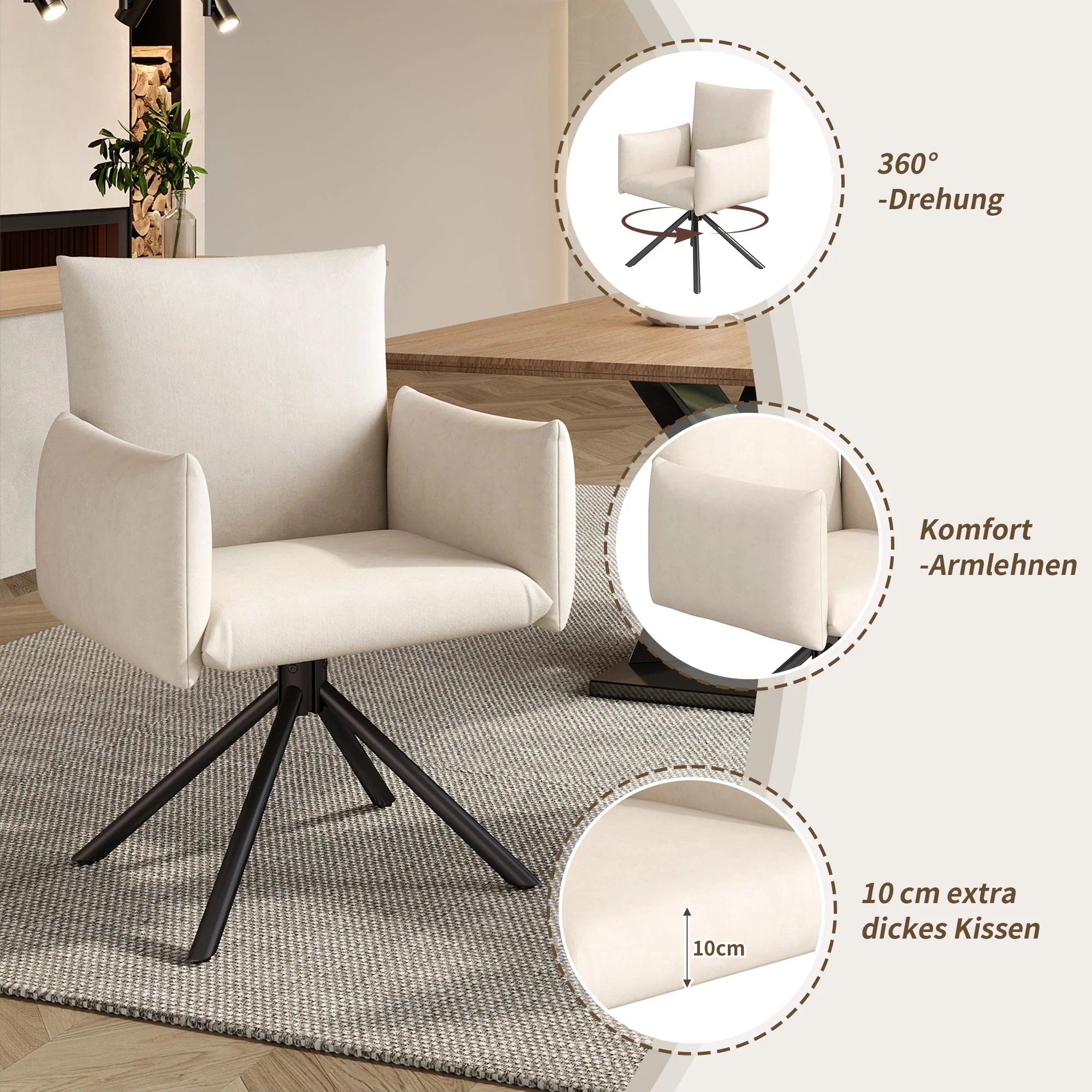 Extendable Dining Table Set with 6 Velvet Chairs and V-Shaped Legs, White and Beige - Image 8