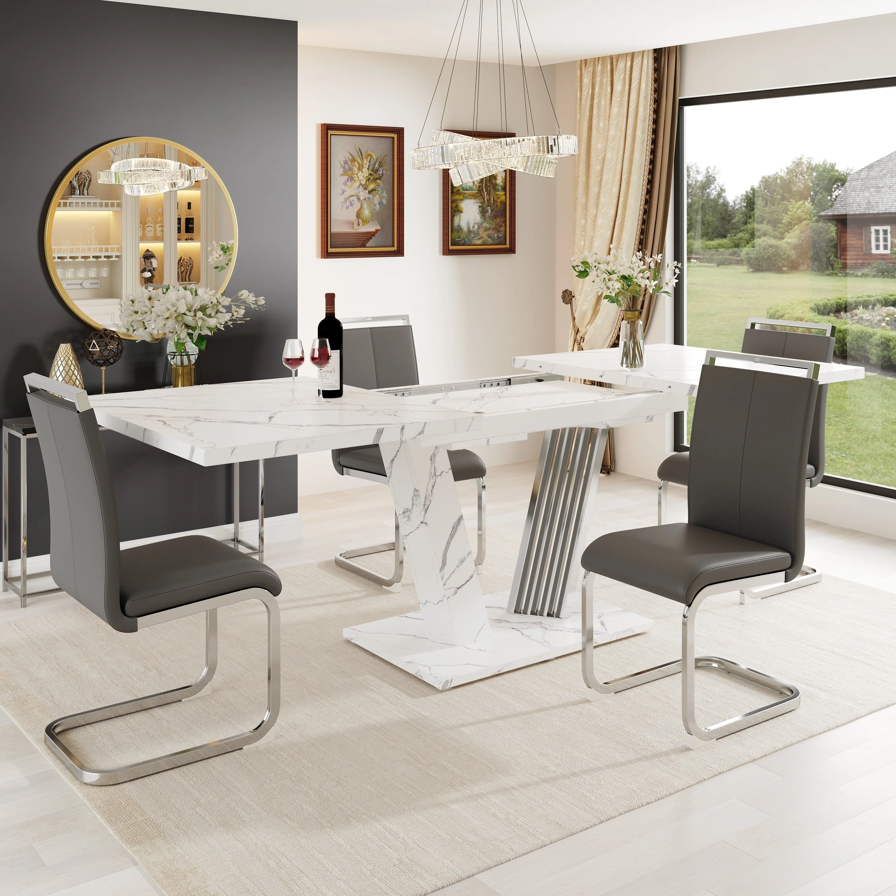 Extendable Dining Table with Butterfly Frame and Leaf, Marble Top and Metal - Image 5