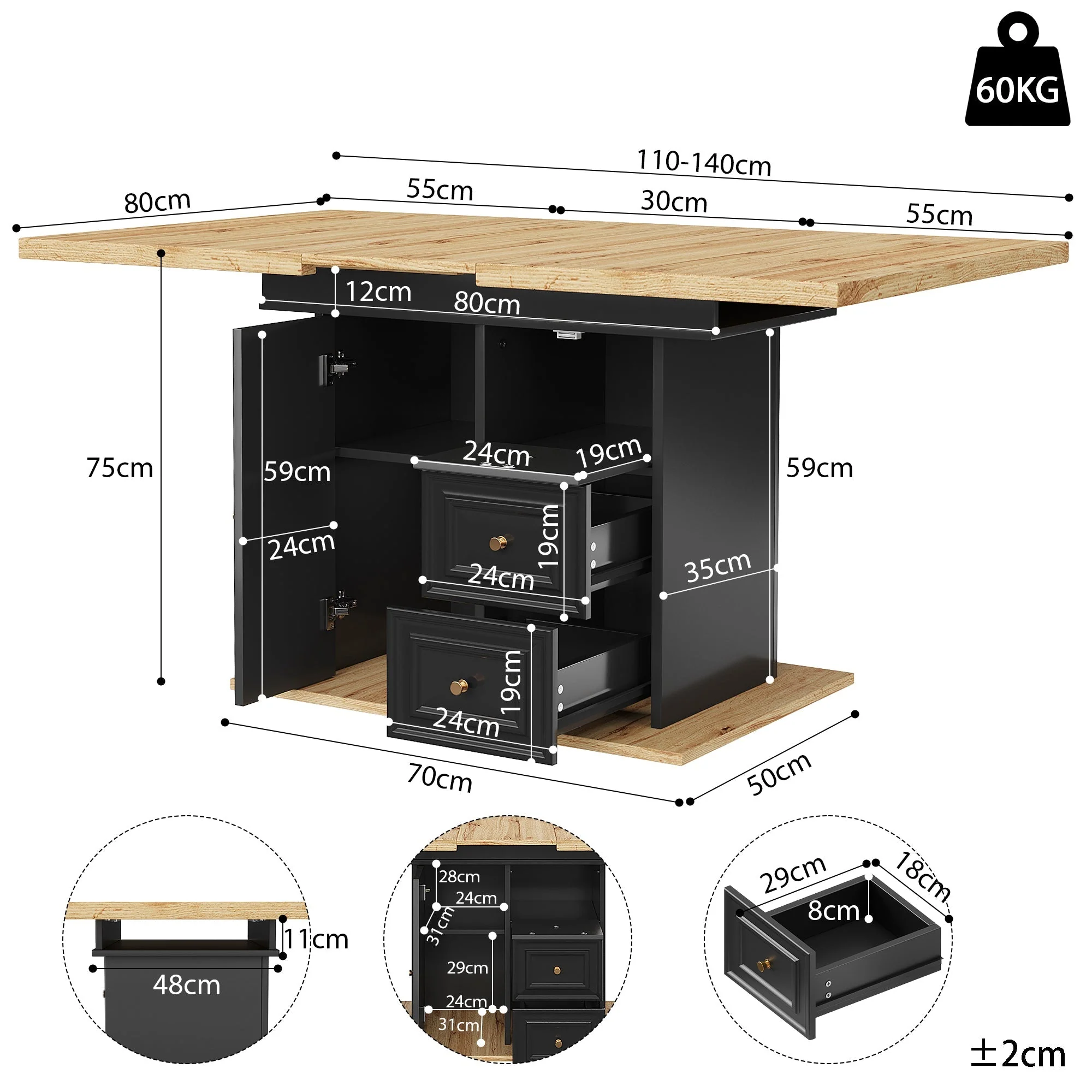 Extendable Dining Table with LED Lighting, 110-140cm, Seats 6, Wood Finish - Image 7