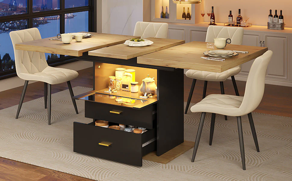 Extendable Dining Table with LED Lighting and Seating for 6 People, Wood Finish - Image 7
