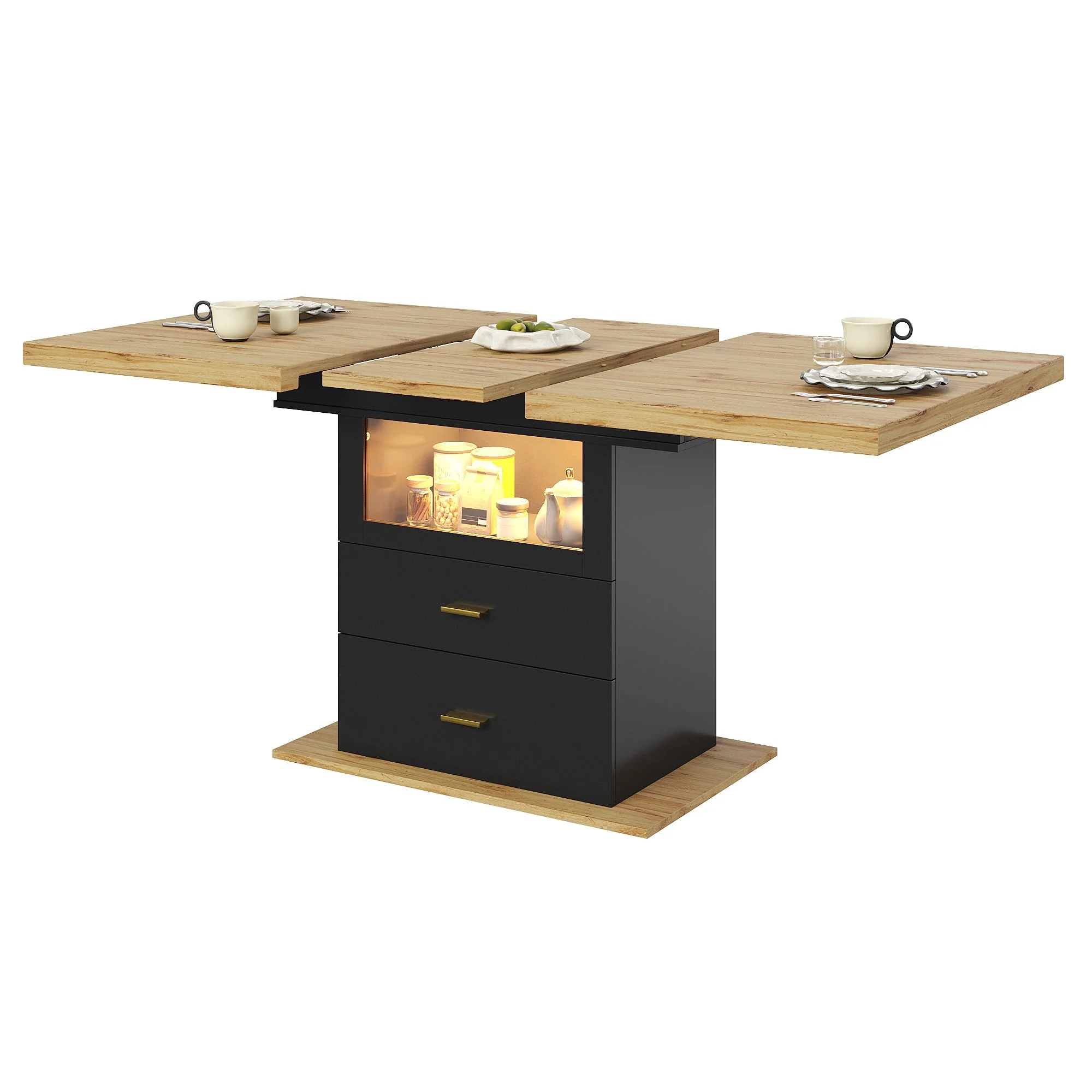 Extendable Dining Table with LED Lighting and Seating for 6 People, Wood Finish - Image 9