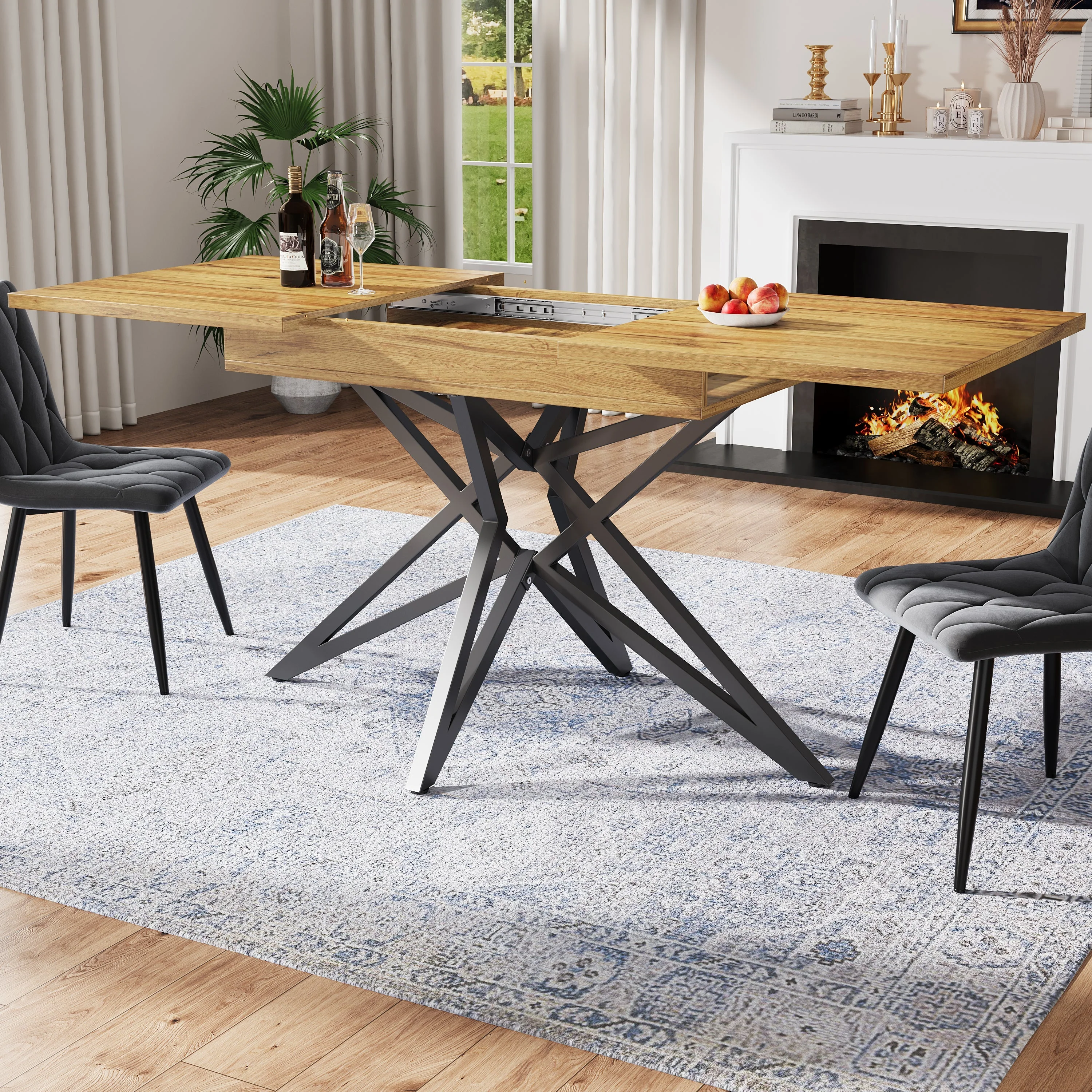 Extendable Dining Table with Star-Shaped Legs, Walnut and Marble Look - Image 3