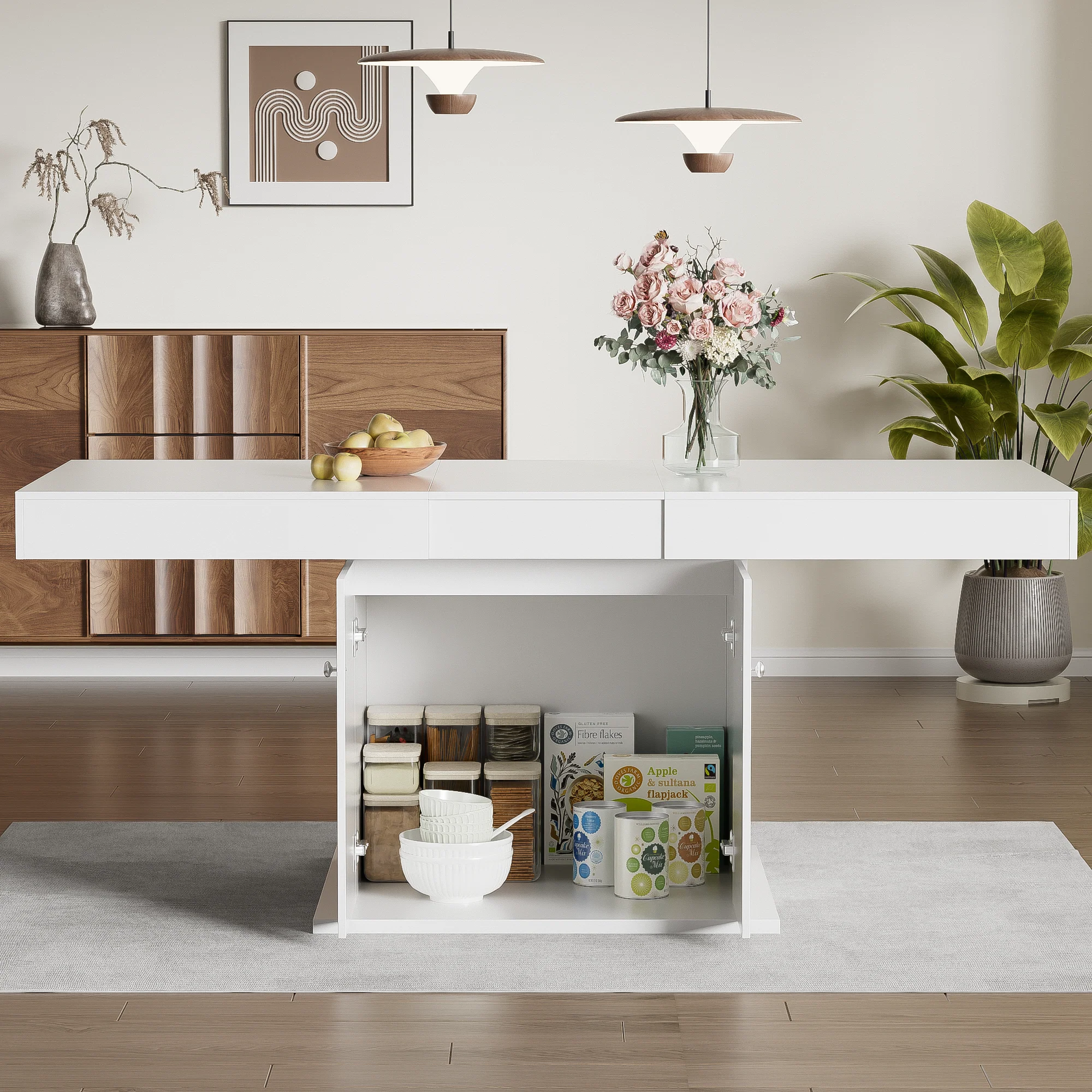 Extendable Dining Table with Storage and Automatic Telescopic Function, White - Image 3