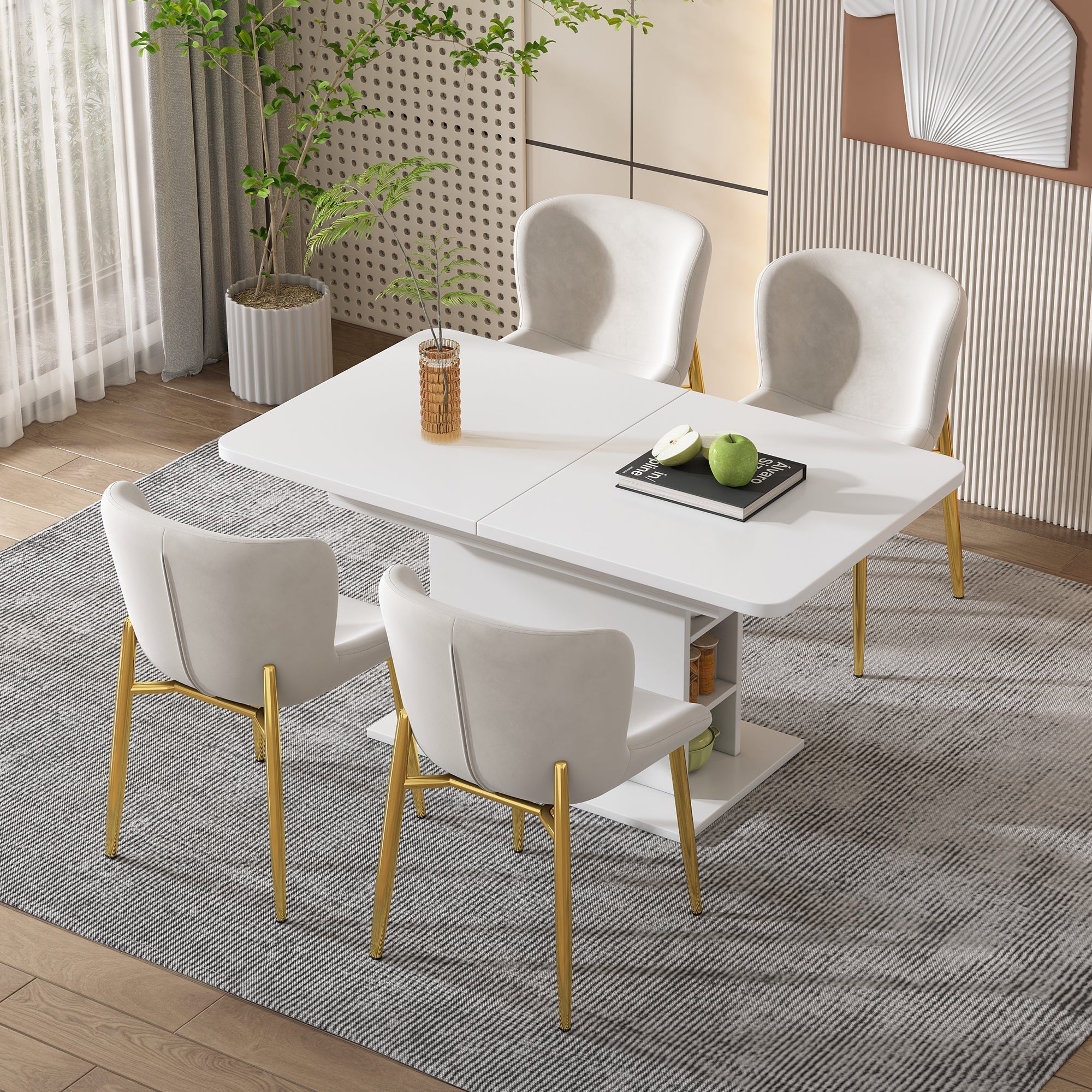 Extendable Dining Table with Storage and Iron Frame, Space-Saving Rectangular Design, White - Image 4