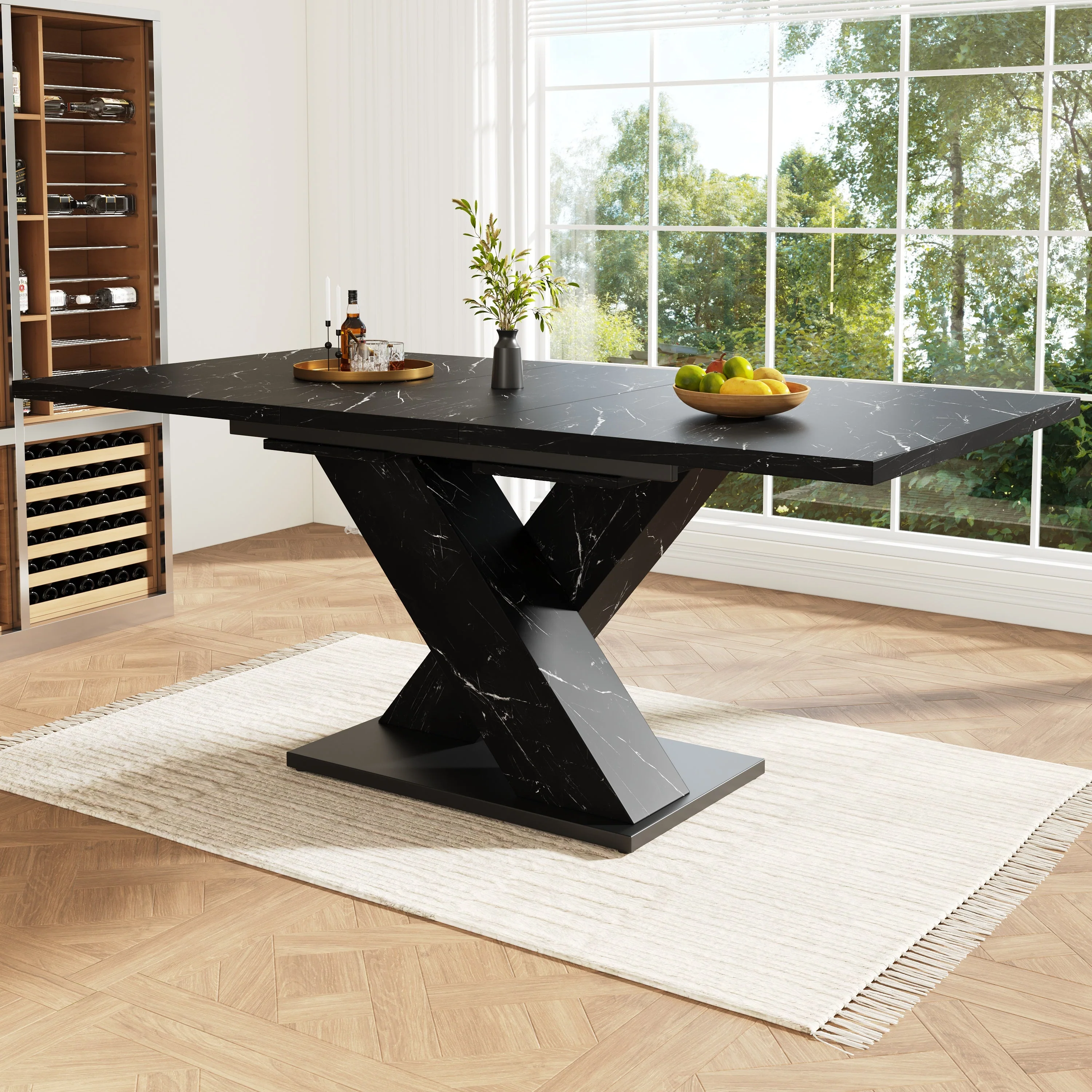 Extendable Dining Table with X-Design for 4-6 People, Black Marble Look - Image 3